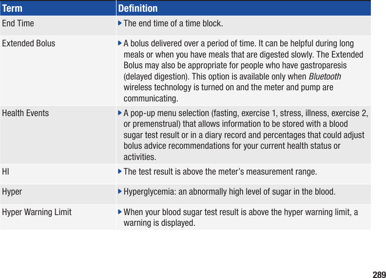 289Term DenitionEnd Time j  The end time of a time block.Extended Bolus j  A bolus delivered over a period of time. It can be helpful during long meals or when you have meals that are digested slowly. The Extended Bolus may also be appropriate for people who have gastroparesis (delayed digestion). This option is available only when Bluetooth wireless technology is turned on and the meter and pump are communicating.Health Events j  A pop‑up menu selection (fasting, exercise 1, stress, illness, exercise 2, or premenstrual) that allows information to be stored with a blood sugar test result or in a diary record and percentages that could adjust bolus advice recommendations for your current health status or activities.HI j  The test result is above the meter’s measurement range.Hyper j  Hyperglycemia: an abnormally high level of sugar in the blood.Hyper Warning Limit j  When your blood sugar test result is above the hyper warning limit, a warning is displayed.