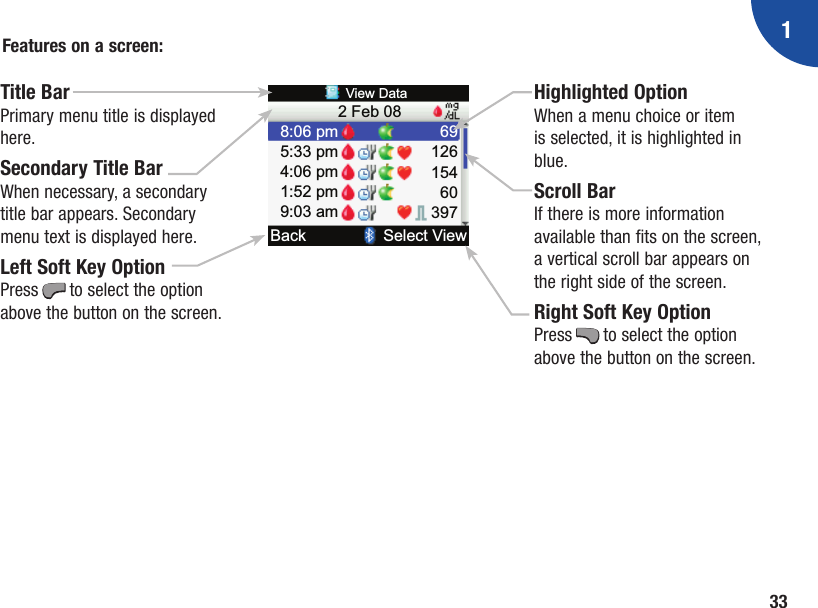 133Back Select ViewView Data5:33 pm2 Feb 084:06 pm1:52 pm9:03 am8:06 pm6015412669397Title BarPrimary menu title is displayed here.Secondary Title BarWhen necessary, a secondary title bar appears. Secondary menu text is displayed here.Left Soft Key OptionPress , to select the option above the button on the screen.Highlighted OptionWhen a menu choice or item is selected, it is highlighted in blue.Scroll BarIf there is more information available than fits on the screen, a vertical scroll bar appears on the right side of the screen.Right Soft Key OptionPress . to select the option above the button on the screen.Features on a screen: