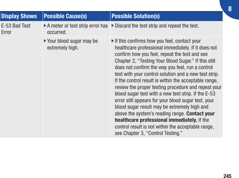 2458Display Shows Possible Cause(s) Possible Solution(s)E-53 Bad Test Errorj  A meter or test strip error has occurred.j  Discard the test strip and repeat the test.j  Your blood sugar may be extremely high.j  If this conrms how you feel, contact your healthcare professional immediately. If it does not conrm how you feel, repeat the test and see Chapter 2, “Testing Your Blood Sugar.” If this still does not conrm the way you feel, run a control test with your control solution and a new test strip. If the control result is within the acceptable range, review the proper testing procedure and repeat your blood sugar test with a new test strip. If the E-53 error still appears for your blood sugar test, your blood sugar result may be extremely high and above the system’s reading range. Contact your healthcare professional immediately. If the control result is not within the acceptable range, see Chapter 3, “Control Testing.”