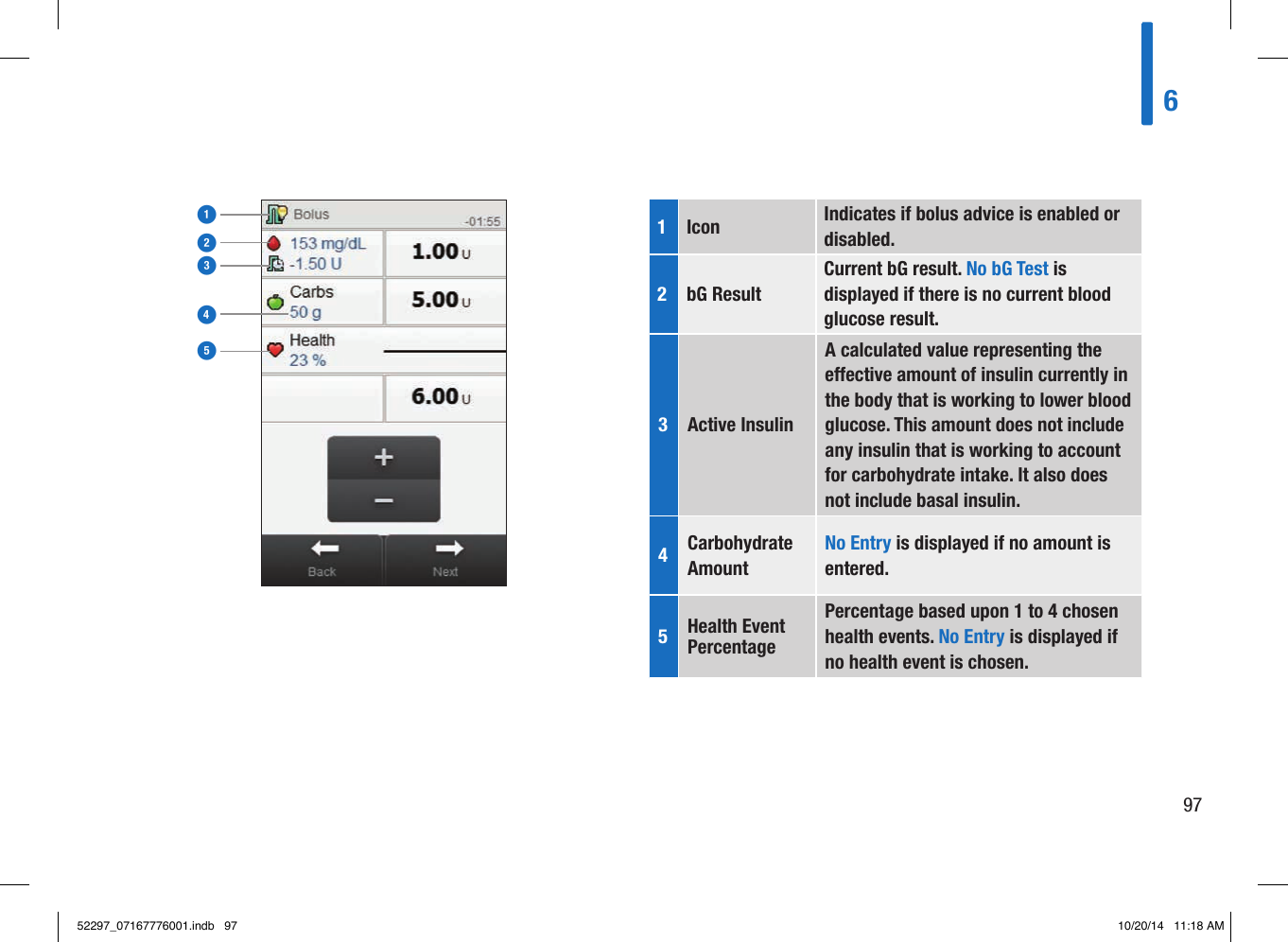 123451  Icon  Indicates if bolus advice is enabled or disabled. 2  bG Result Current bG result. No bG Test is displayed if there is no current blood glucose result. 3  Active Insulin  A calculated value representing the eective amount of insulin currently in the body that is working to lower blood glucose. This amount does not include any insulin that is working to account for carbohydrate intake. It also does not include basal insulin. 4  Carbohydrate Amount No Entry is displayed if no amount is entered. 5  Health Event Percentage Percentage based upon 1 to 4 chosen health events. No Entry is displayed if no health event is chosen. 69752297_07167776001.indb   97 10/20/14   11:18 AM
