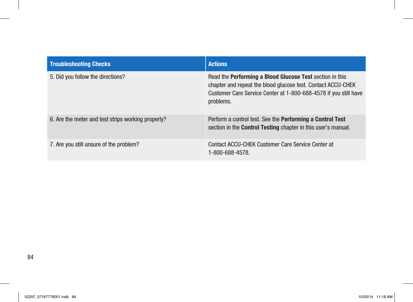 Troubleshooting Checks  Actions 5.  Did you follow the directions?  Read the Performing a Blood Glucose Test section in this chapter and repeat the blood glucose test. Contact ACCU-CHEK Customer Care Service Center at 1-800-688-4578 if you still have problems. 6.  Are the meter and test strips working properly?  Perform a control test. See the Performing a Control Test section in the Control Testing chapter in this user’s manual. 7. Are you still unsure of the problem?  Contact ACCU-CHEK Customer Care Service Center at 1-800-688-4578. 8452297_07167776001.indb   84 10/20/14   11:18 AM