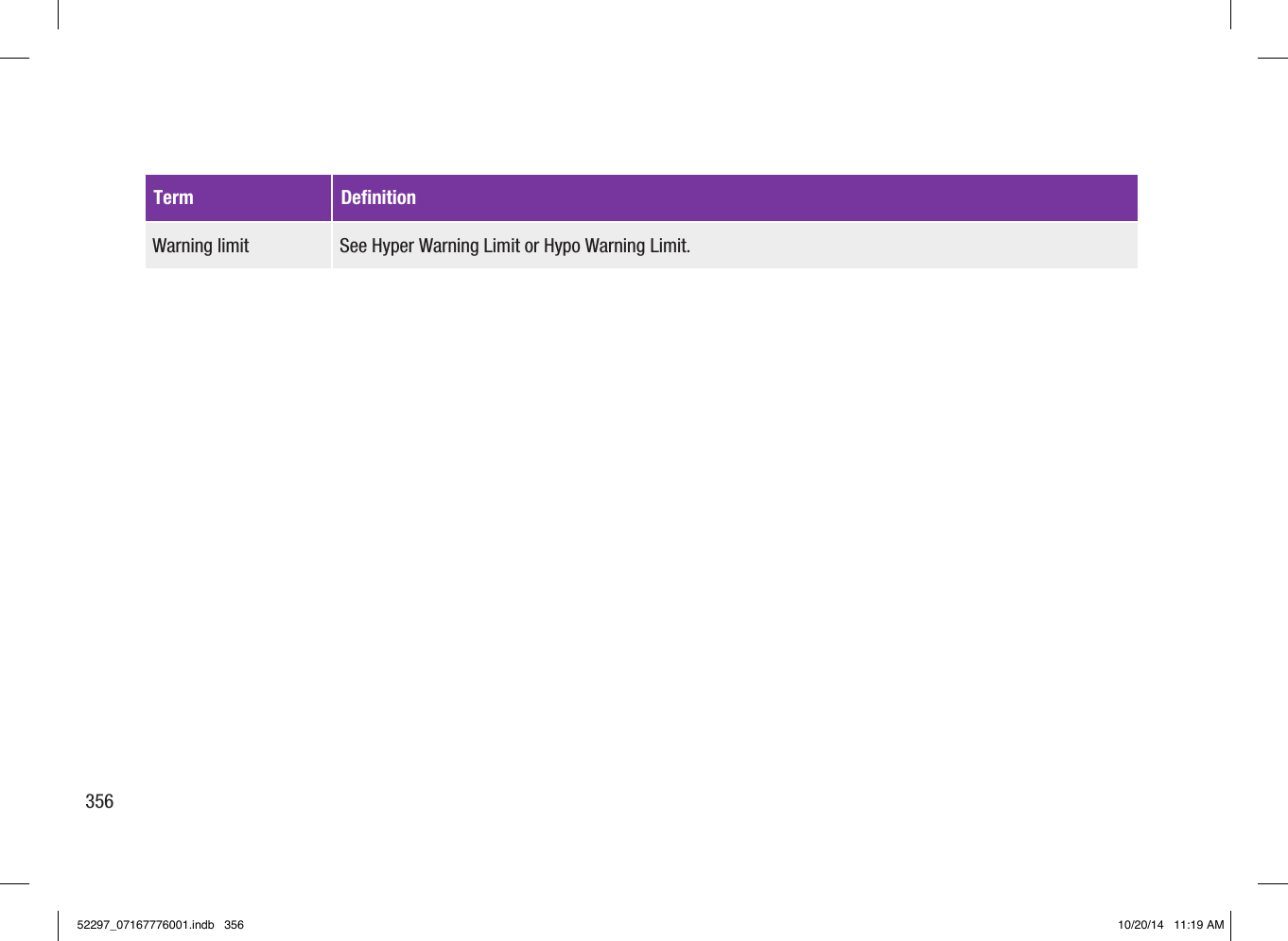 Term DefinitionWarning limit See Hyper Warning Limit or Hypo Warning Limit.35652297_07167776001.indb   356 10/20/14   11:19 AM