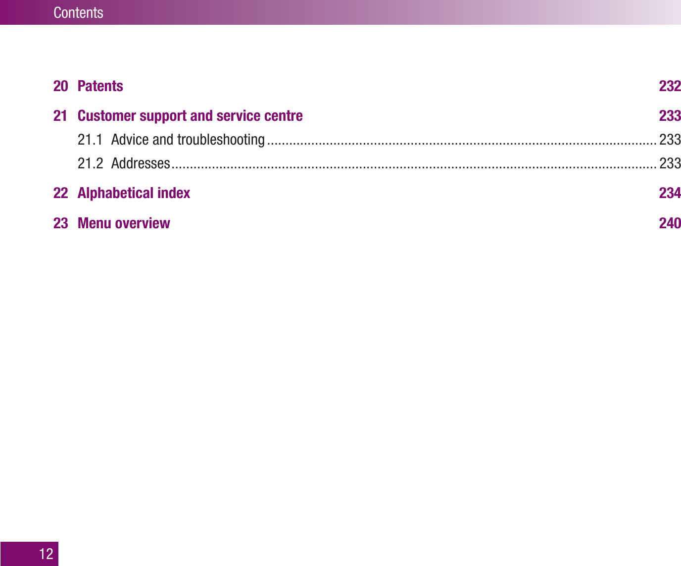 20 Patents  23221  Customer support and service centre  23321.1  Advice and troubleshooting .......................................................................................................... 23321.2 Addresses .................................................................................................................................... 23322 Alphabetical index  23423 Menu overview  24012Contents
