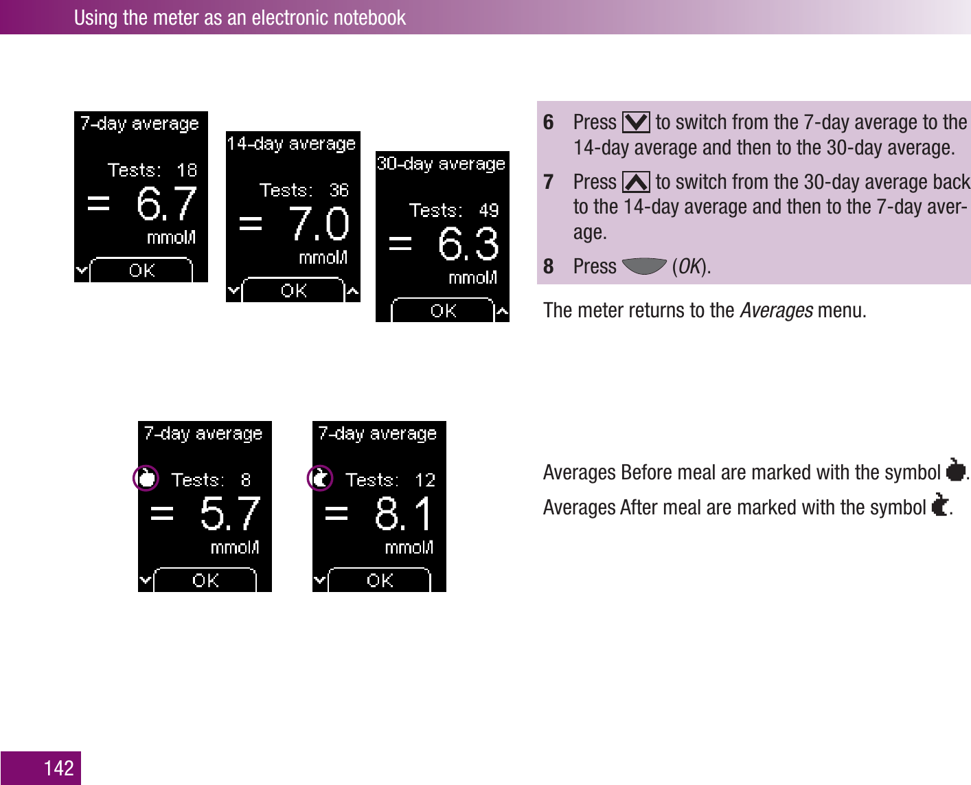 Using the meter as an electronic notebook1426  Press   to switch from the 7-day average to the 14-day average and then to the 30-day average.7  Press   to switch from the 30-day average back to the 14-day average and then to the 7-day aver-age.8  Press   (OK  ).The meter returns to the Averages menu.Averages Before meal are marked with the symbol  .Averages After meal are marked with the symbol  .