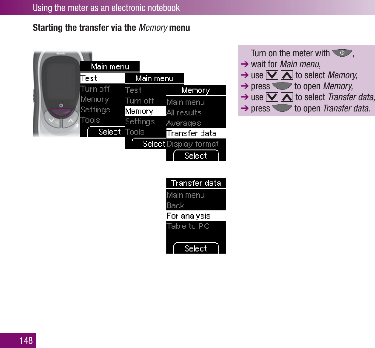 Using the meter as an electronic notebook148Starting the transfer via the Memory menu  Turn on the meter with  ,  wait for Main menu, use     to select Memory, press   to open Memory, use     to select Transfer data, press   to open Transfer data.