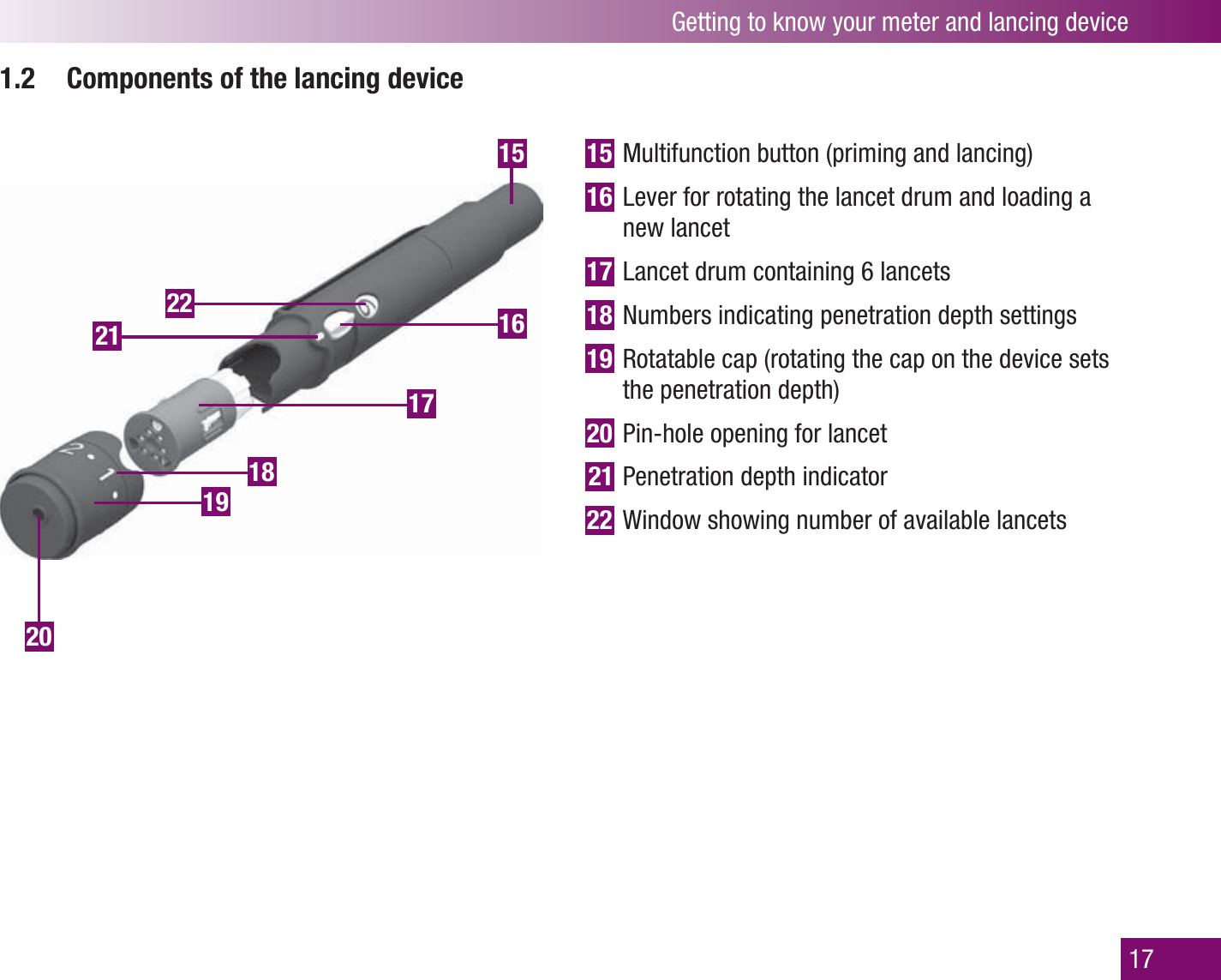 1819202122151617Getting to know your meter and lancing device171.2  Components of the lancing device15 Multifunction button (priming and lancing)16 Lever for rotating the lancet drum and loading a new lancet17 Lancet drum containing 6 lancets 18 Numbers indicating penetration depth settings19 Rotatable cap (rotating the cap on the device sets the penetration depth)20 Pin-hole opening for lancet21 Penetration depth indicator 22 Window showing number of available lancets