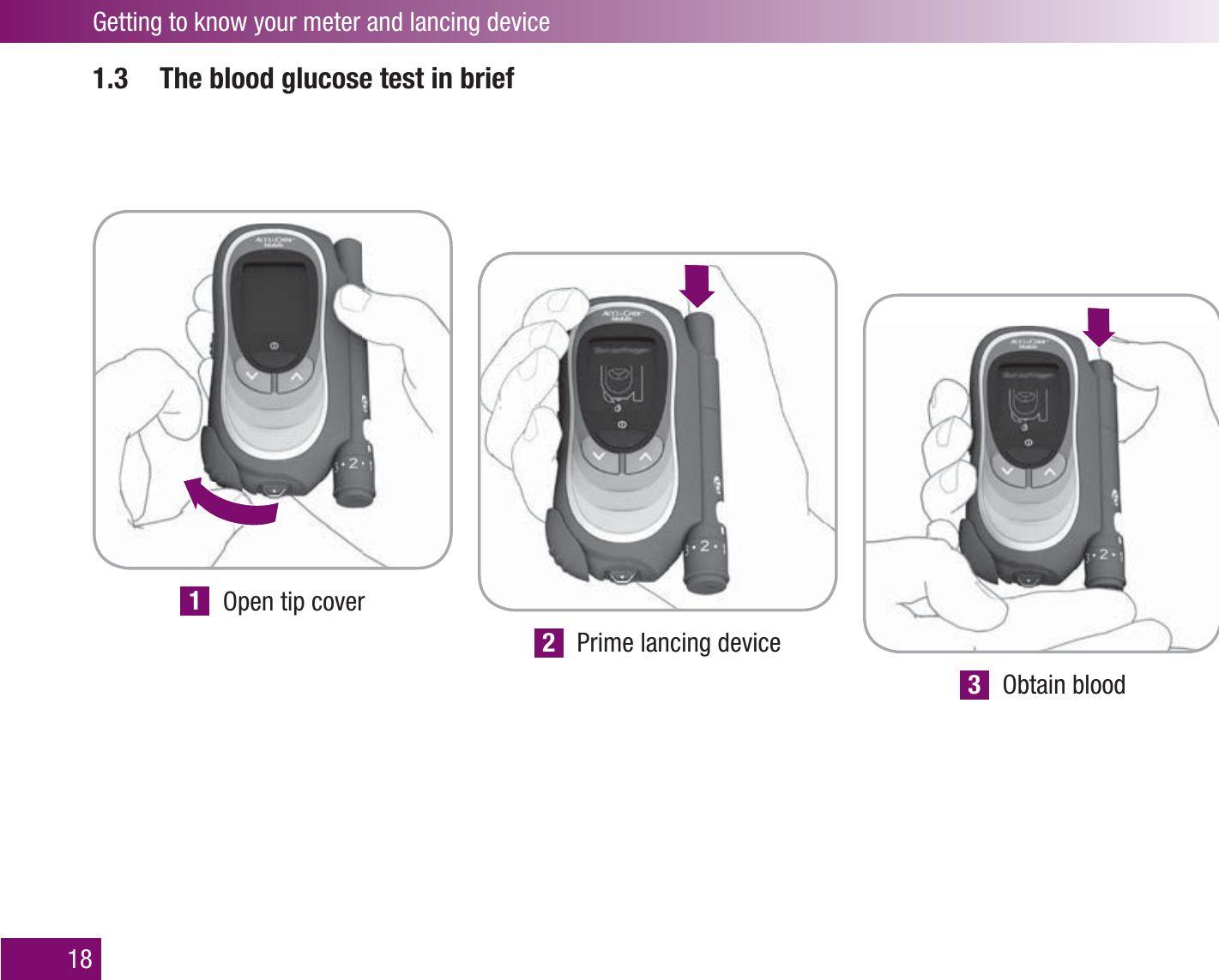 Getting to know your meter and lancing device181.3  The blood glucose test in brief1  Open tip cover2  Prime lancing device3 Obtain blood