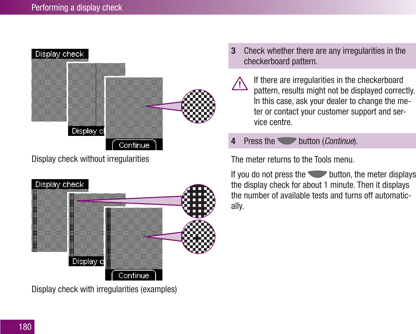 Performing a display check180Display check without irregularitiesDisplay check with irregularities (examples)3  Check whether there are any irregularities in the checkerboard pattern.   If there are irregularities in the checkerboard pattern, results might not be displayed correctly. In this case, ask your dealer to change the me-ter or contact your customer support and ser-vice centre.4  Press the   button (Continue).The meter returns to the Tools menu.If you do not press the   button, the meter displays the display check for about 1 minute. Then it displays the number of available tests and turns off automatic-ally.