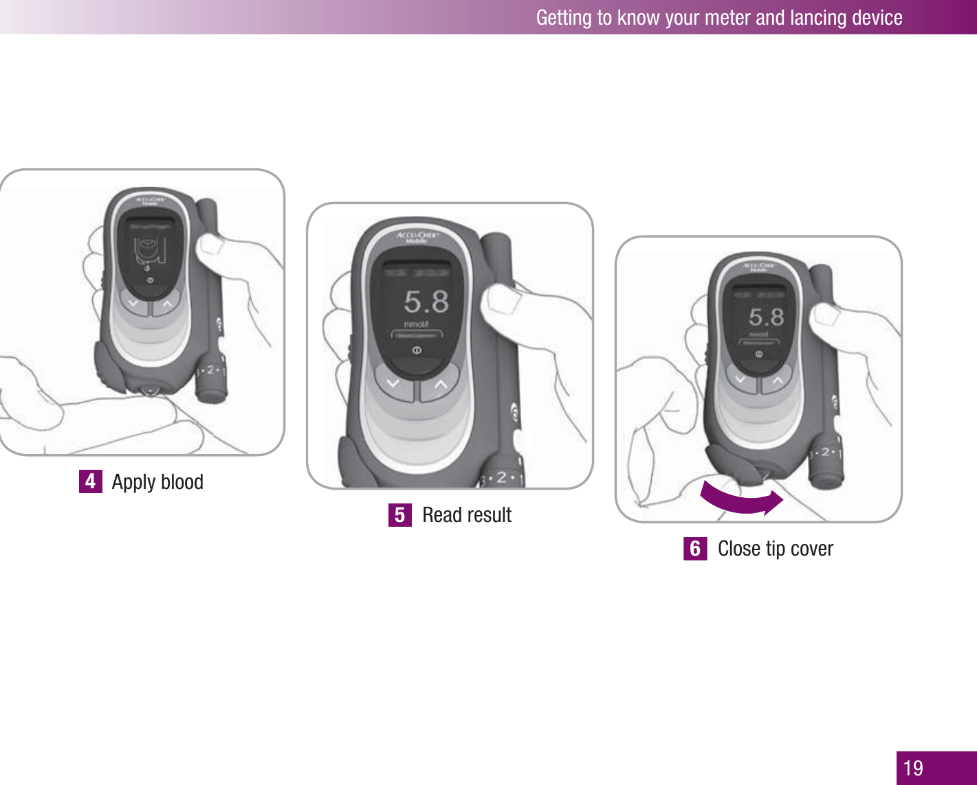 Getting to know your meter and lancing device194 Apply blood5 Read result6  Close tip cover