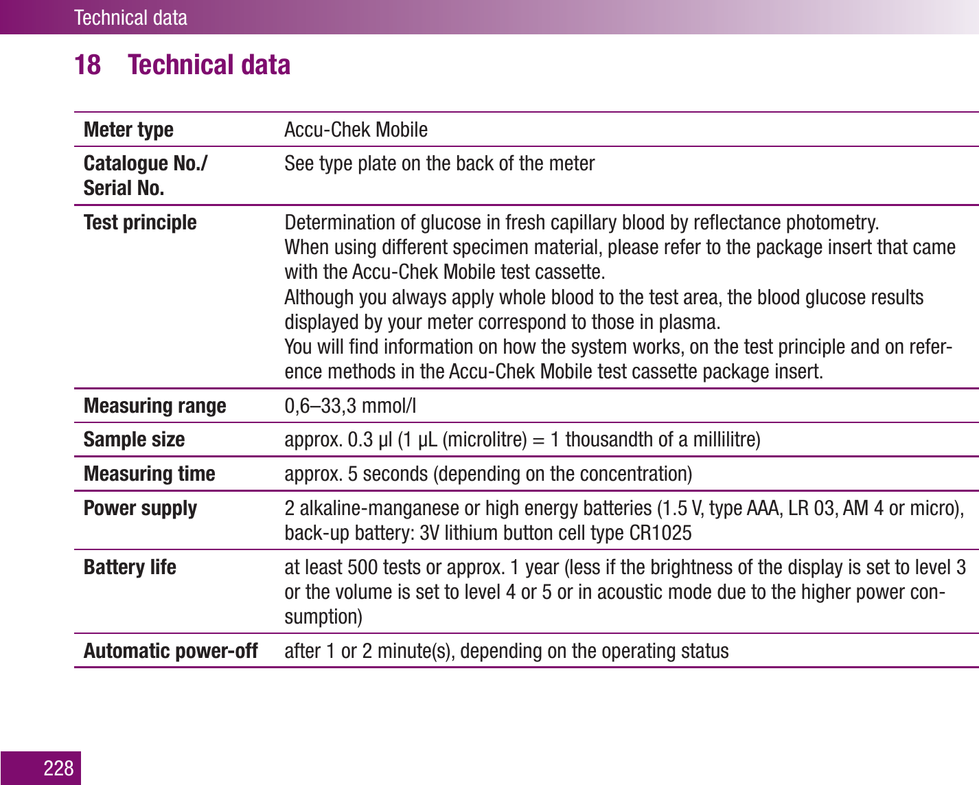 Technical data228Technical data18 Meter type Accu-Chek MobileCatalogue No./ Serial No.See type plate on the back of the meterTest principle Determination of glucose in fresh capillary blood by reﬂectance photometry.  When using different specimen material, please refer to the package insert that came with the Accu-Chek Mobile test cassette.  Although you always apply whole blood to the test area, the blood glucose results displayed by your meter correspond to those in plasma.  You will ﬁnd information on how the system works, on the test principle and on refer-ence methods in the Accu-Chek Mobile test cassette package insert.Measuring range 0,6–33,3 mmol/lSample size approx. 0.3 μl (1 μL (microlitre) = 1 thousandth of a millilitre)Measuring time  approx. 5 seconds (depending on the concentration)Power supply  2 alkaline-manganese or high energy batteries (1.5 V, type AAA, LR 03, AM 4 or micro), back-up battery: 3V lithium button cell type CR1025Battery life at least 500 tests or approx. 1 year (less if the brightness of the display is set to level 3 or the volume is set to level 4 or 5 or in acoustic mode due to the higher power con-sumption)Automatic power-off  after 1 or 2 minute(s), depending on the operating status