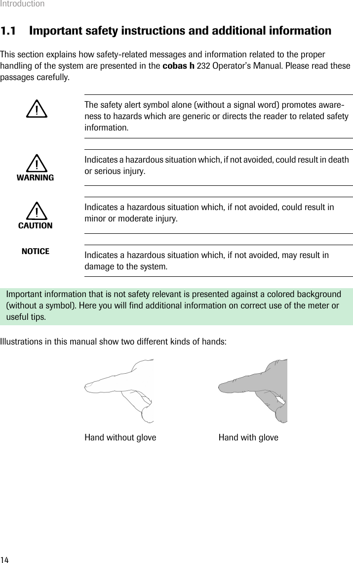 Introduction141.1 Important safety instructions and additional informationThis section explains how safety-related messages and information related to the proper handling of the system are presented in the cobas h 232 Operator’s Manual. Please read these passages carefully. The safety alert symbol alone (without a signal word) promotes aware-ness to hazards which are generic or directs the reader to related safety information.WARNINGIndicates a hazardous situation which, if not avoided, could result in death or serious injury.CAUTIONIndicates a hazardous situation which, if not avoided, could result in minor or moderate injury.NOTICE Indicates a hazardous situation which, if not avoided, may result in damage to the system.Important information that is not safety relevant is presented against a colored background (without a symbol). Here you will find additional information on correct use of the meter or useful tips.Illustrations in this manual show two different kinds of hands: Hand without glove Hand with glove