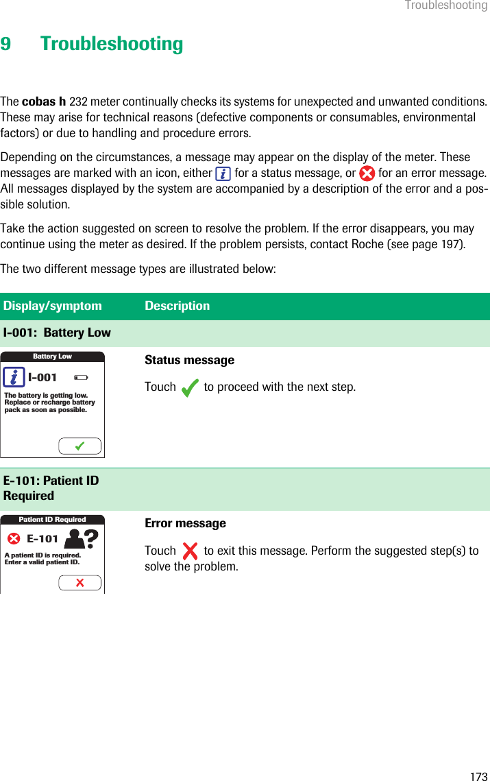 Troubleshooting1739 TroubleshootingThe cobas h 232 meter continually checks its systems for unexpected and unwanted conditions. These may arise for technical reasons (defective components or consumables, environmental factors) or due to handling and procedure errors. Depending on the circumstances, a message may appear on the display of the meter. These messages are marked with an icon, either   for a status message, or   for an error message. All messages displayed by the system are accompanied by a description of the error and a pos-sible solution.Take the action suggested on screen to resolve the problem. If the error disappears, you may continue using the meter as desired. If the problem persists, contact Roche (see page 197). The two different message types are illustrated below:Display/symptom DescriptionI-001:  Battery LowStatus messageTouch   to proceed with the next step.E-101: Patient ID RequiredError messageTouch   to exit this message. Perform the suggested step(s) to solve the problem.Battery LowThe battery is getting low. Replace or recharge battery pack as soon as possible.I-001Patient ID RequiredA patient ID is required. Enter a valid patient ID.E-101