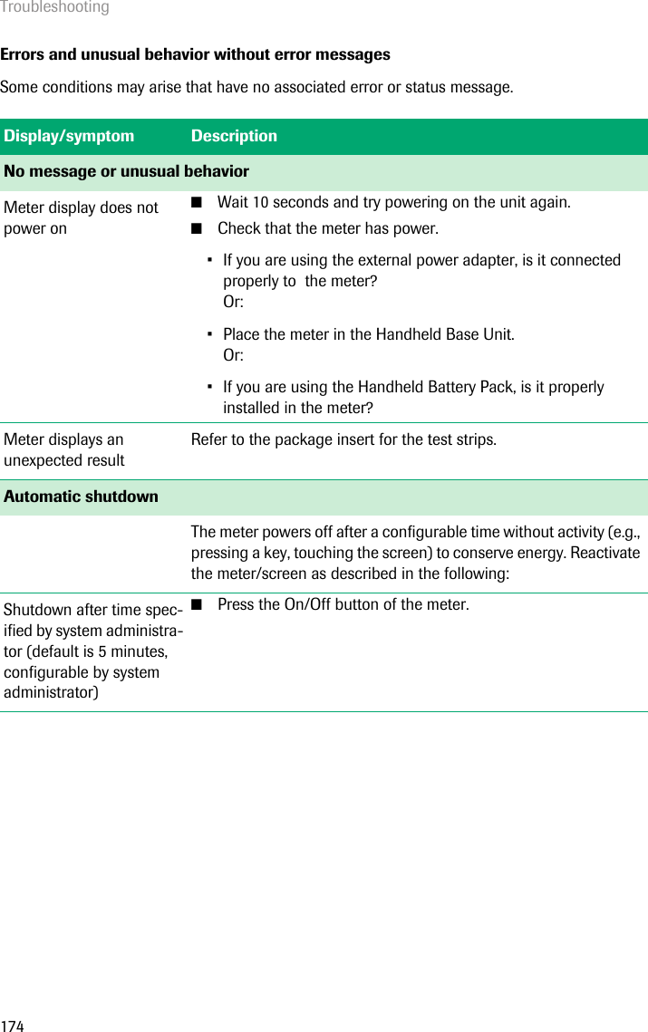 Troubleshooting174Errors and unusual behavior without error messagesSome conditions may arise that have no associated error or status message.Display/symptom DescriptionNo message or unusual behaviorMeter display does not power on■Wait 10 seconds and try powering on the unit again.■Check that the meter has power.• If you are using the external power adapter, is it connected properly to  the meter?Or:• Place the meter in the Handheld Base Unit.Or:• If you are using the Handheld Battery Pack, is it properly installed in the meter? Meter displays an unexpected resultRefer to the package insert for the test strips.Automatic shutdownThe meter powers off after a configurable time without activity (e.g., pressing a key, touching the screen) to conserve energy. Reactivate the meter/screen as described in the following:Shutdown after time spec-ified by system administra-tor (default is 5 minutes, configurable by system administrator)■Press the On/Off button of the meter.