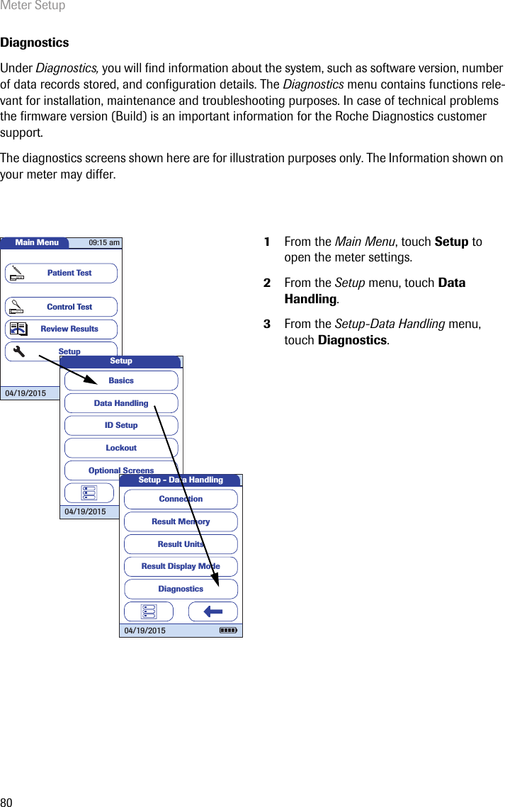 Meter Setup80DiagnosticsUnder Diagnostics, you will find information about the system, such as software version, number of data records stored, and configuration details. The Diagnostics menu contains functions rele-vant for installation, maintenance and troubleshooting purposes. In case of technical problems the firmware version (Build) is an important information for the Roche Diagnostics customer support. The diagnostics screens shown here are for illustration purposes only. The Information shown on your meter may differ.1From the Main Menu, touch Setup to open the meter settings. 2From the Setup menu, touch Data Handling.3From the Setup-Data Handling menu, touch Diagnostics.Main MenuControl TestReview ResultsSetupPatient Test04/19/201509:15 amData HandlingID SetupLockoutBasicsOptional ScreensSetup04/19/2015Result MemoryResult UnitsResult Display ModeSetup - Data HandlingConnection04/19/2015Diagnostics