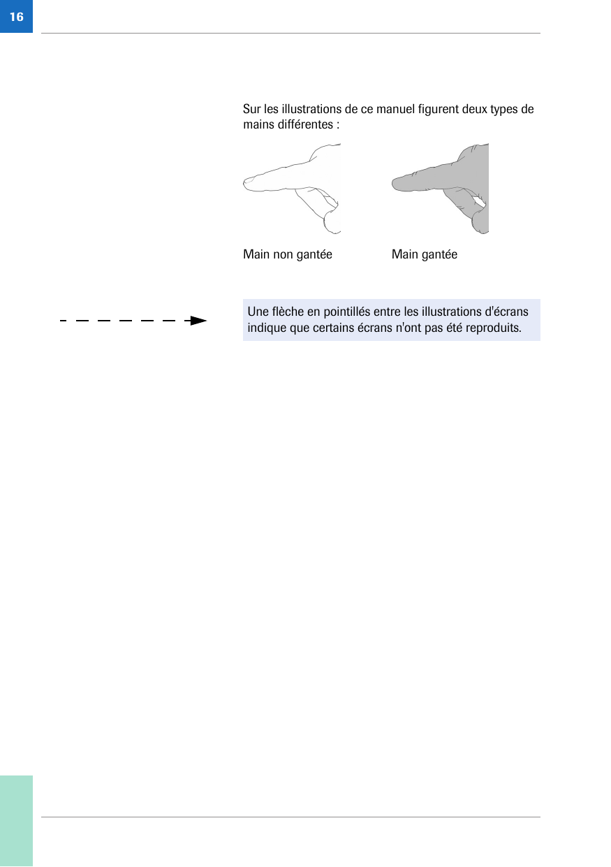 16Sur les illustrations de ce manuel figurent deux types de mains différentes : Main non gantée Main gantéeUne flèche en pointillés entre les illustrations d&apos;écrans indique que certains écrans n&apos;ont pas été reproduits.