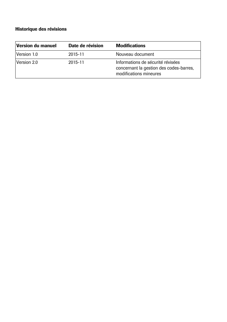 Historique des révisions Version du manuel Date de révision ModificationsVersion 1.0  2015-11 Nouveau documentVersion 2.0  2015-11 Informations de sécurité révisées concernant la gestion des codes-barres, modifications mineures