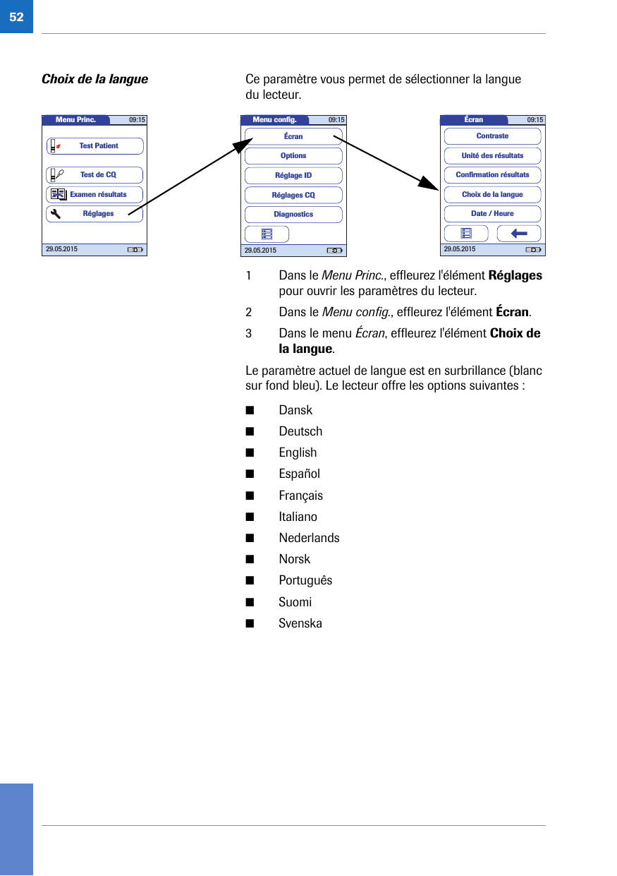 52Choix de la langue Ce paramètre vous permet de sélectionner la langue du lecteur. 1 Dans le Menu Princ., effleurez l&apos;élément Réglages pour ouvrir les paramètres du lecteur. 2 Dans le Menu config., effleurez l&apos;élément Écran.3 Dans le menu Écran, effleurez l&apos;élément Choix de la langue.Le paramètre actuel de langue est en surbrillance (blanc sur fond bleu). Le lecteur offre les options suivantes :■Dansk■Deutsch■English■Español■Français■Italiano■Nederlands■Norsk■Português■Suomi■SvenskaMenu conﬁ g. 09:1529.05.2015Réglages CQRéglage IDDiagnosticsOptionsÉcranÉcran 09:1529.05.2015Choix de la langueConﬁ rmation résultatsDate / HeureUnité des résultatsContrasteMenu Princ. 09:1529.05.2015Test de CQExamen résultatsRéglagesTest Patient
