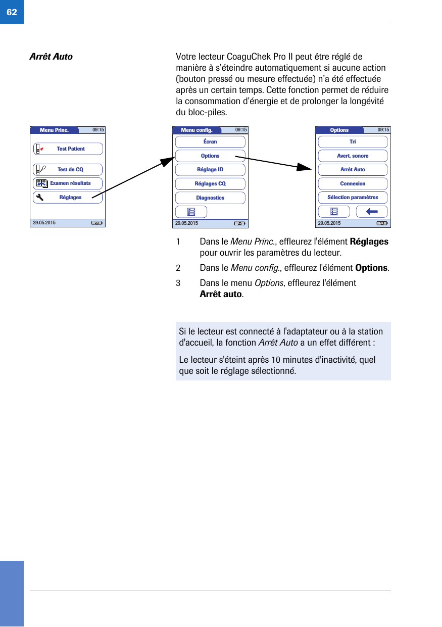 62Arrêt Auto Votre lecteur CoaguChek Pro II peut être réglé de manière à s’éteindre automatiquement si aucune action (bouton pressé ou mesure effectuée) n’a été effectuée après un certain temps. Cette fonction permet de réduire la consommation d’énergie et de prolonger la longévité du bloc-piles. 1 Dans le Menu Princ., effleurez l&apos;élément Réglages pour ouvrir les paramètres du lecteur. 2 Dans le Menu config., effleurez l&apos;élément Options.3 Dans le menu Options, effleurez l&apos;élément Arrêt auto.Options 09:1529.05.2015Arrêt AutoConnexionAvert. sonoreTriSélection paramètresMenu conﬁ g. 09:1529.05.2015Réglages CQRéglage IDDiagnosticsOptionsÉcranMenu Princ. 09:1529.05.2015Test de CQExamen résultatsRéglagesTest PatientSi le lecteur est connecté à l&apos;adaptateur ou à la station d&apos;accueil, la fonction Arrêt Auto a un effet différent :Le lecteur s&apos;éteint après 10 minutes d&apos;inactivité, quel que soit le réglage sélectionné.