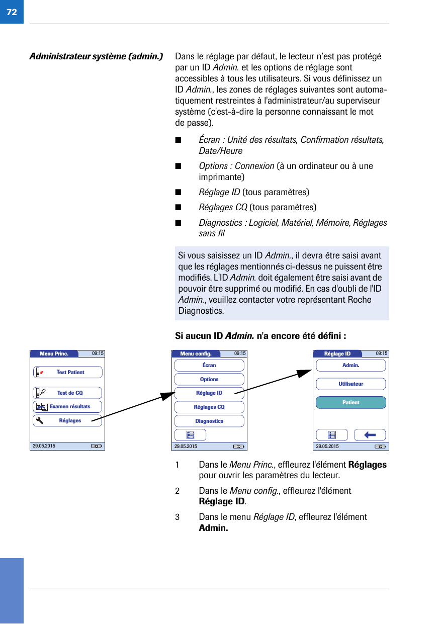 72Administrateur système (admin.) Dans le réglage par défaut, le lecteur n’est pas protégé par un ID Admin. et les options de réglage sont accessibles à tous les utilisateurs. Si vous définissez un ID Admin., les zones de réglages suivantes sont automa-tiquement restreintes à l&apos;administrateur/au superviseur système (c&apos;est-à-dire la personne connaissant le mot de passe). ■Écran : Unité des résultats, Confirmation résultats, Date/Heure ■Options : Connexion (à un ordinateur ou à une imprimante)■Réglage ID (tous paramètres)■Réglages CQ (tous paramètres)■Diagnostics : Logiciel, Matériel, Mémoire, Réglages sans fil Si aucun ID Admin. n&apos;a encore été défini : 1 Dans le Menu Princ., effleurez l&apos;élément Réglages pour ouvrir les paramètres du lecteur.2 Dans le Menu config., effleurez l&apos;élément Réglage ID.3 Dans le menu Réglage ID, effleurez l&apos;élément Admin.Si vous saisissez un ID Admin., il devra être saisi avant que les réglages mentionnés ci-dessus ne puissent être modifiés. L&apos;ID Admin. doit également être saisi avant de pouvoir être supprimé ou modifié. En cas d&apos;oubli de l&apos;ID Admin., veuillez contacter votre représentant Roche Diagnostics.Réglage ID 09:1529.05.2015PatientUtilisateurAdmin.Menu conﬁ g. 09:1529.05.2015Réglages CQRéglage IDDiagnosticsOptionsÉcranMenu Princ. 09:1529.05.2015Test de CQExamen résultatsRéglagesTest Patient