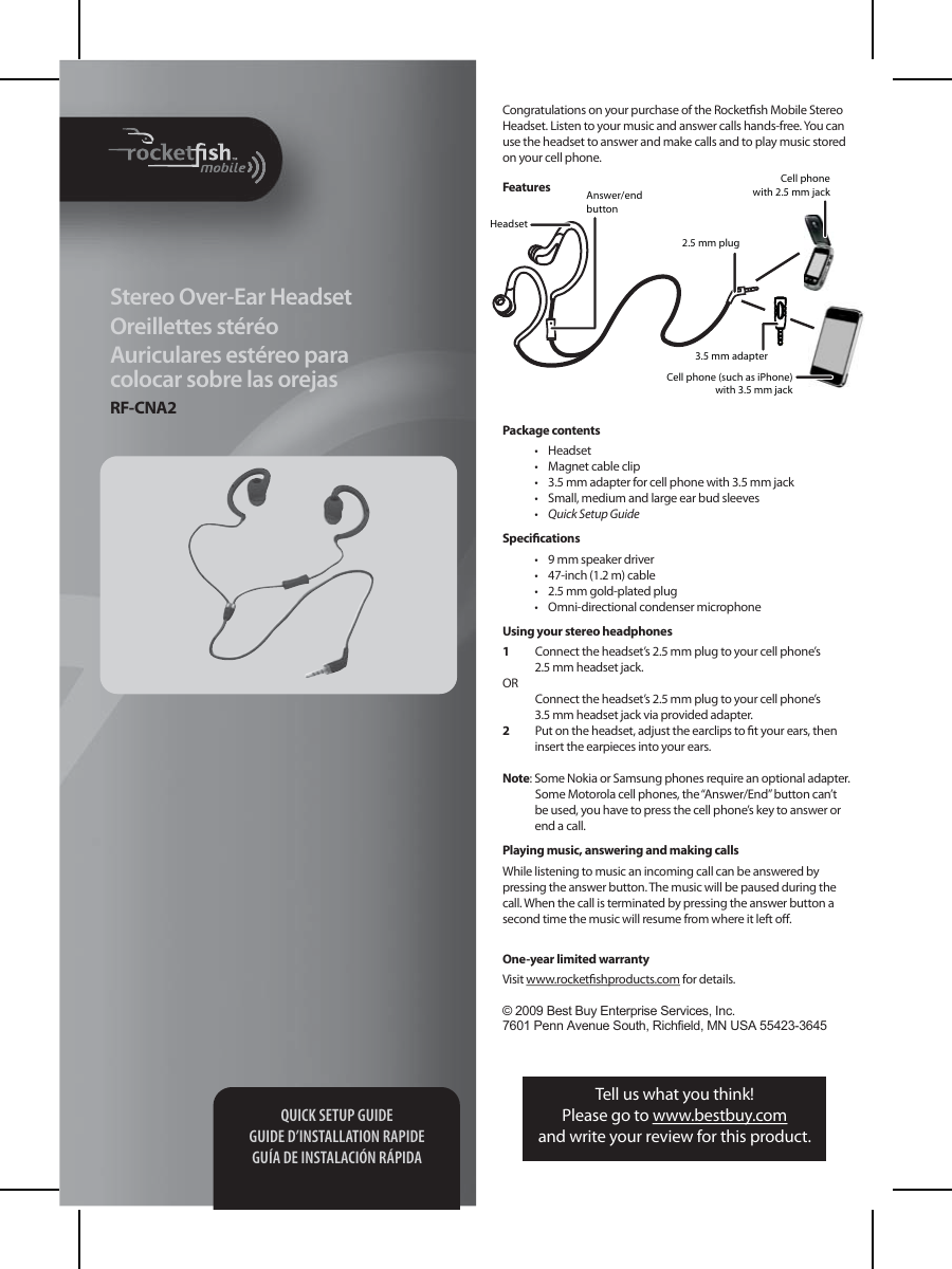 Page 1 of 2 - Rocket-Fish Rocket-Fish-Sport-Rf-Cna2-Users-Manual- RF-CNA2_09-0999_QSG_V2_ENFRSP_front  Rocket-fish-sport-rf-cna2-users-manual