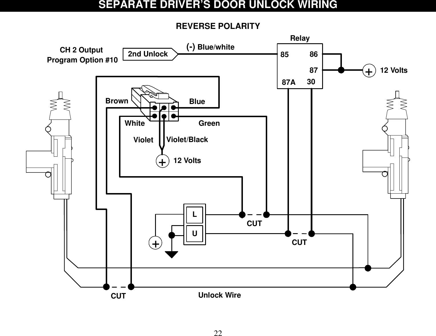  22 SEPARATE DRIVER’S DOOR UNLOCK WIRING  REVERSE POLARITY +White GreenViolet/BlackBrown BlueVioletLUUnlock WireCUT+12 VoltsCH 2 OutputProgram Option #10(-) Blue/white2nd Unlock+12 Volts85 868787A 30CUTCUTRelay     