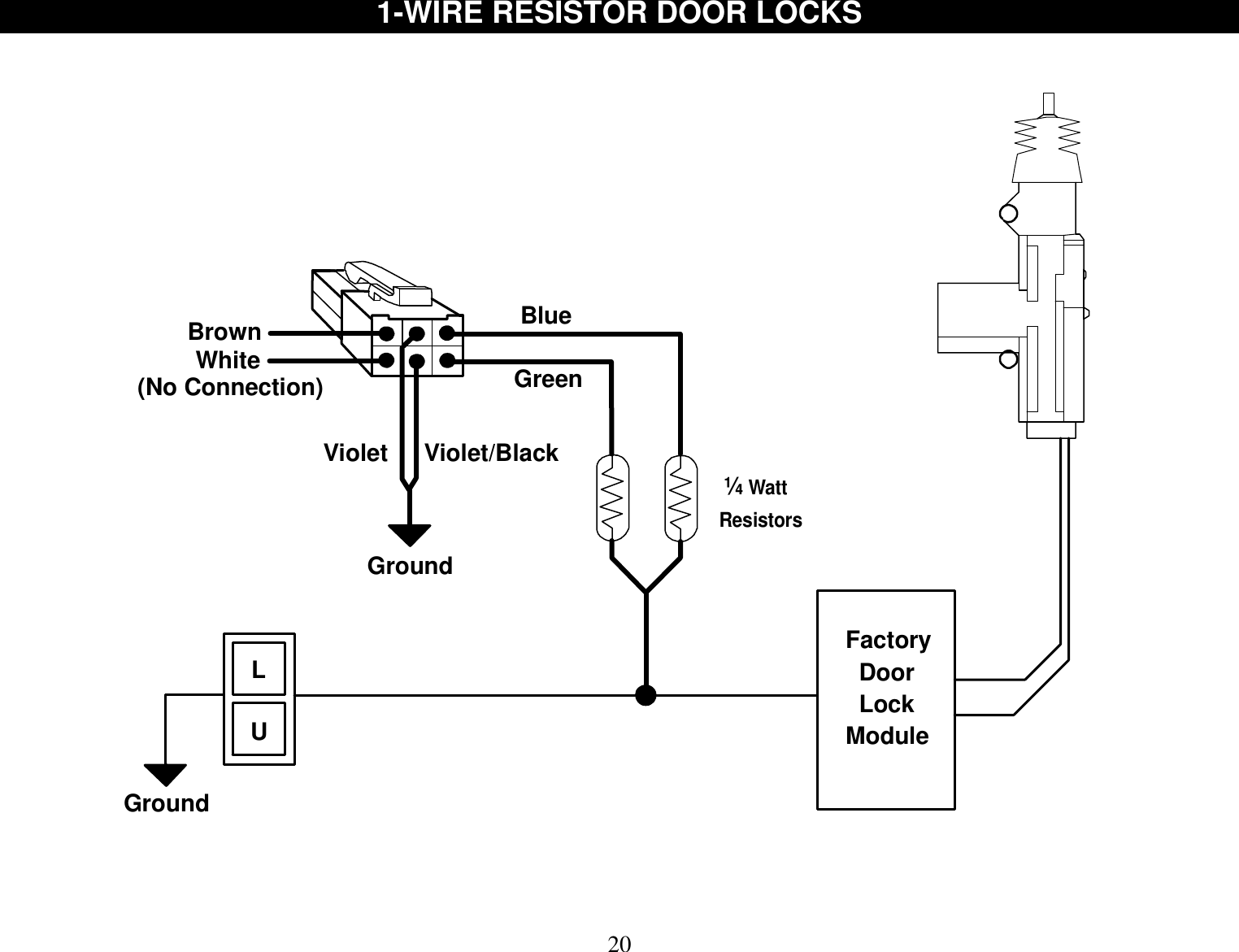  20 1-WIRE RESISTOR DOOR LOCKS   White GreenViolet/Black(No Connection)Brown BlueVioletLUFactory  Door  LockModuleGroundGround   ¼ Watt  Resistors     