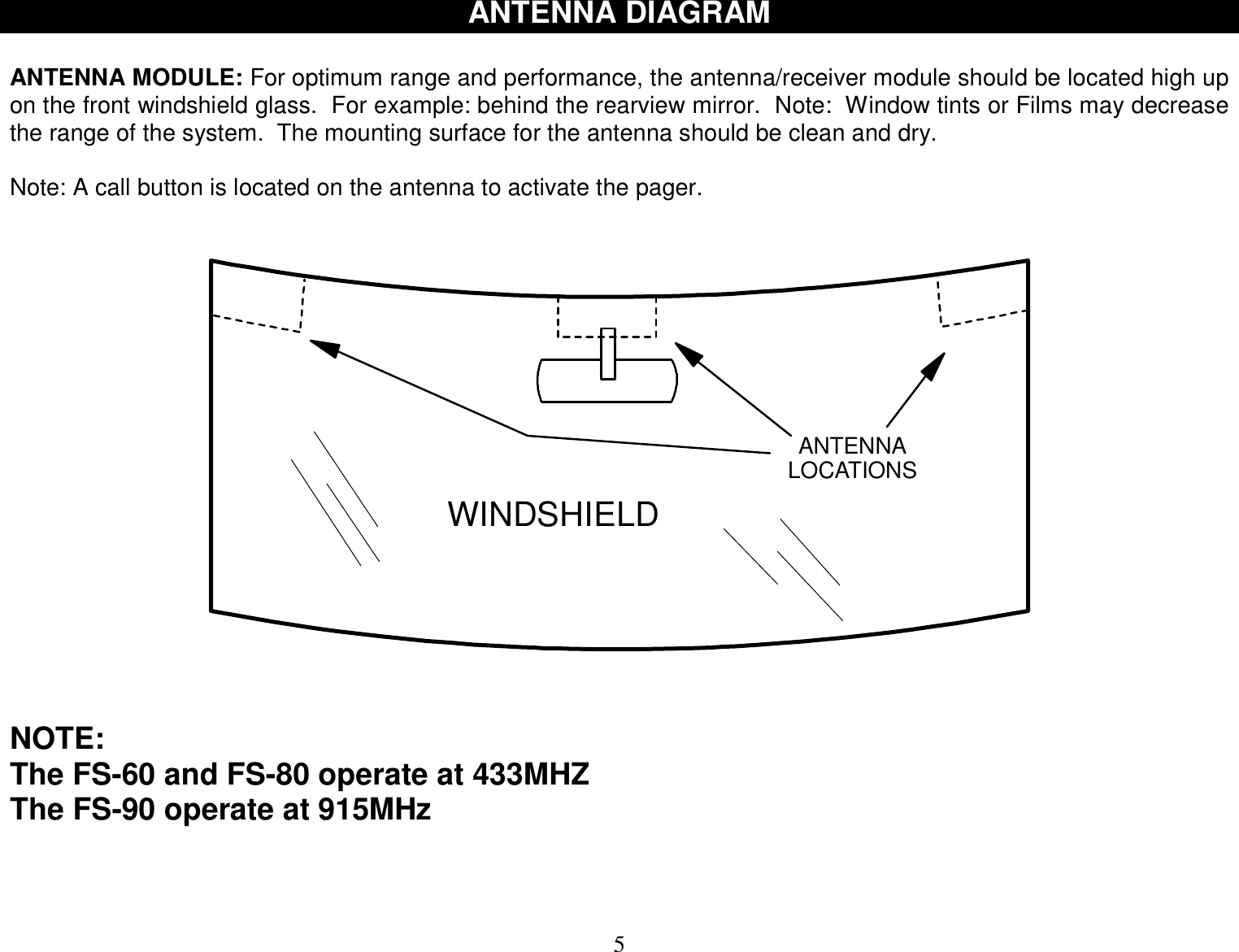  5 ANTENNA DIAGRAM   ANTENNA MODULE: For optimum range and performance, the antenna/receiver module should be located high up on the front windshield glass.  For example: behind the rearview mirror.  Note:  Window tints or Films may decrease the range of the system.  The mounting surface for the antenna should be clean and dry.  Note: A call button is located on the antenna to activate the pager.   WINDSHIELDANTENNALOCATIONS    NOTE:  The FS-60 and FS-80 operate at 433MHZ The FS-90 operate at 915MHz    