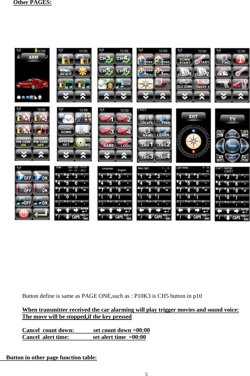  5 Other PAGES:                                           Button define is same as PAGE ONE,such as : P10K3 is CH5 button in p10        When transmitter received the car alarming will play trigger movies and sound voice: The move will be stopped,if the key pressed    Cancel  count down:             set count down =00:00 Cancel  alert time:                set alert time  =00:00         Button in other page function table:  