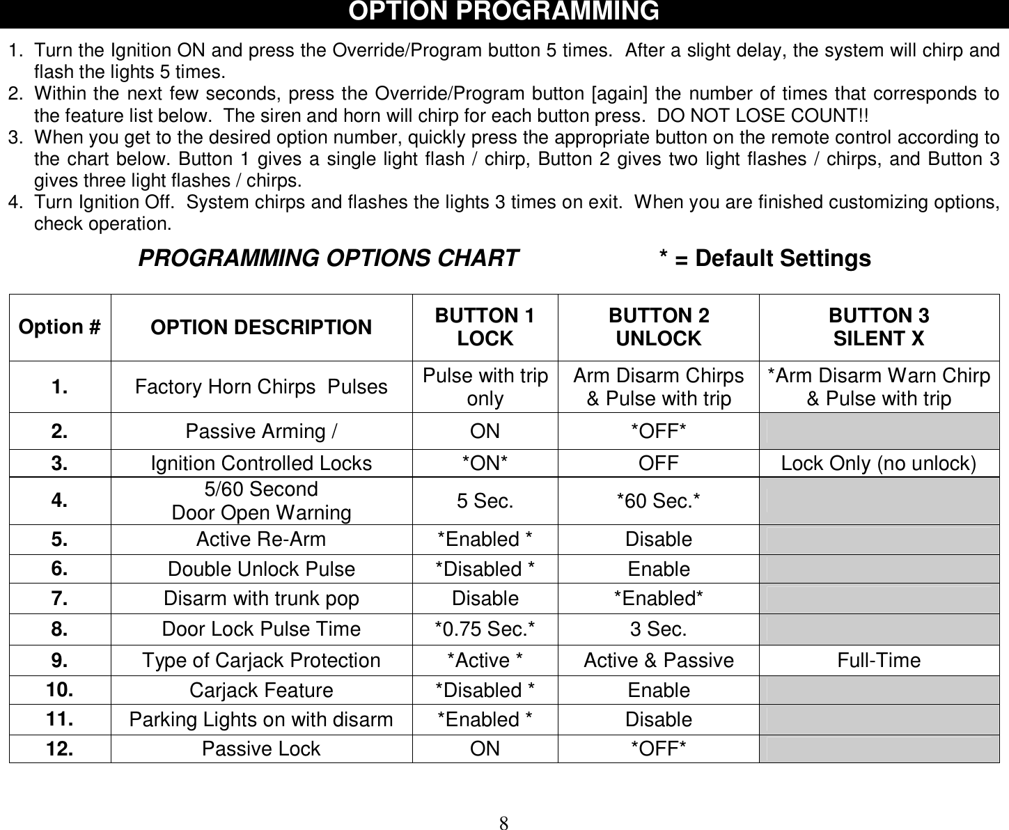  8 OPTION PROGRAMMING  1. Turn the Ignition ON and press the Override/Program button 5 times.  After a slight delay, the system will chirp and flash the lights 5 times. 2. Within the next few seconds, press the Override/Program button [again] the number of times that corresponds to the feature list below.  The siren and horn will chirp for each button press.  DO NOT LOSE COUNT!! 3. When you get to the desired option number, quickly press the appropriate button on the remote control according to the chart below. Button 1 gives a single light flash / chirp, Button 2 gives two light flashes / chirps, and Button 3 gives three light flashes / chirps. 4. Turn Ignition Off.  System chirps and flashes the lights 3 times on exit.  When you are finished customizing options, check operation.   PROGRAMMING OPTIONS CHART      * = Default Settings  Option # OPTION DESCRIPTION  BUTTON 1 LOCK    BUTTON 2 UNLOCK   BUTTON 3 SILENT X 1.  Factory Horn Chirps  Pulses  Pulse with trip only  Arm Disarm Chirps &amp; Pulse with trip  *Arm Disarm Warn Chirp &amp; Pulse with trip  2.  Passive Arming /  ON  *OFF*   3.  Ignition Controlled Locks  *ON*  OFF  Lock Only (no unlock) 4.  5/60 Second Door Open Warning  5 Sec.  *60 Sec.*   5.  Active Re-Arm  *Enabled *  Disable   6.  Double Unlock Pulse  *Disabled *  Enable   7.  Disarm with trunk pop  Disable  *Enabled*   8.  Door Lock Pulse Time  *0.75 Sec.*  3 Sec.   9.  Type of Carjack Protection  *Active *  Active &amp; Passive  Full-Time 10.  Carjack Feature  *Disabled *  Enable   11.  Parking Lights on with disarm  *Enabled *  Disable   12.  Passive Lock  ON  *OFF*      