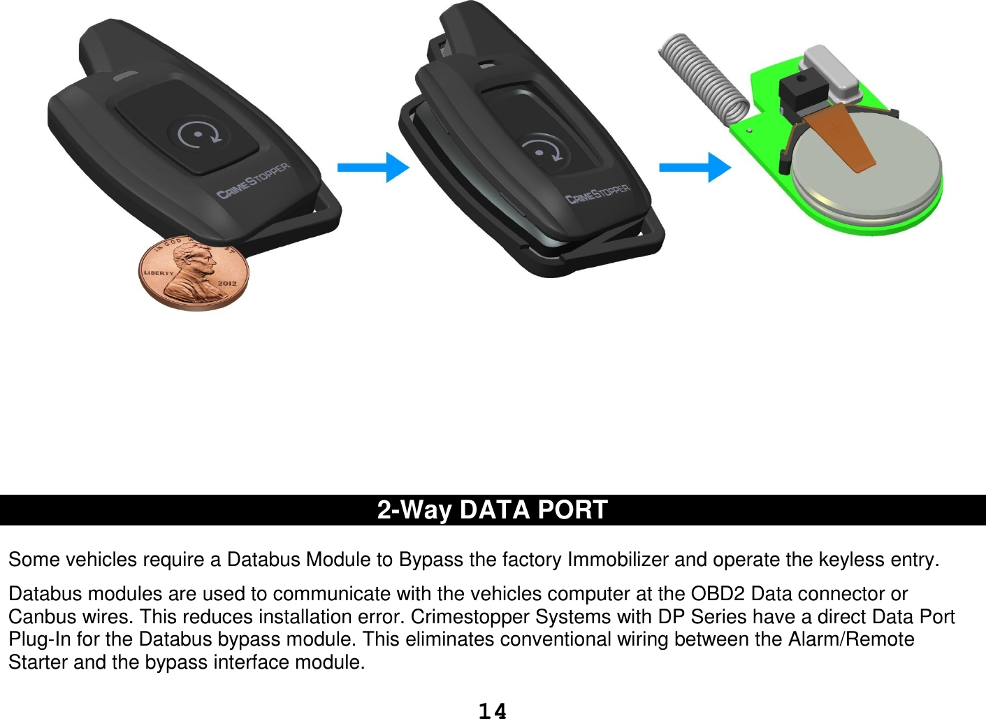   14           2-Way DATA PORT  Some vehicles require a Databus Module to Bypass the factory Immobilizer and operate the keyless entry.  Databus modules are used to communicate with the vehicles computer at the OBD2 Data connector or Canbus wires. This reduces installation error. Crimestopper Systems with DP Series have a direct Data Port Plug-In for the Databus bypass module. This eliminates conventional wiring between the Alarm/Remote Starter and the bypass interface module.  