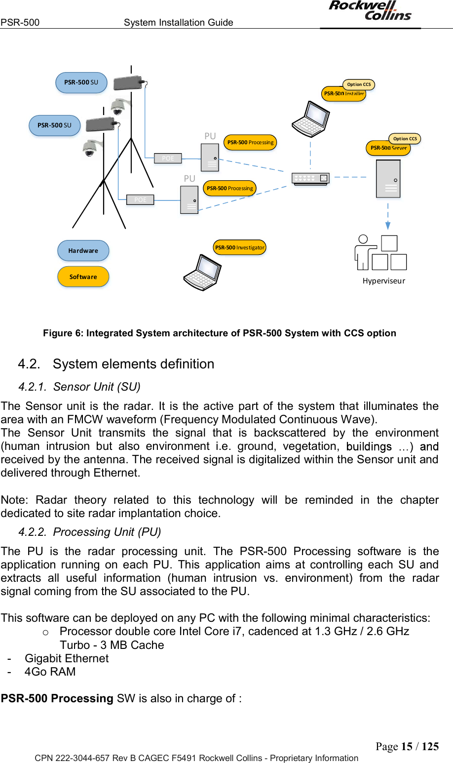 PSR-500  System Installation Guide  Page 15 / 125 CPN 222-3044-657 Rev B CAGEC F5491 Rockwell Collins - Proprietary Information POEPUPUPSR-500 SUPSR-500 SUHardwareSoftwarePSR-500 ServerPSR-500 InstallerPSR-500 ProcessingPSR-500 ProcessingPOEOption CCSOption CCSHyperviseurPSR-500 Investigator Figure 6: Integrated System architecture of PSR-500 System with CCS option  4.2.  System elements definition 4.2.1.  Sensor Unit (SU) The Sensor unit is the radar.  It is the active part of the  system that illuminates the area with an FMCW waveform (Frequency Modulated Continuous Wave).  The  Sensor  Unit  transmits  the  signal  that  is  backscattered  by  the  environment (human  intrusion  but  also  environment  i.e.  ground,  vegetation, received by the antenna. The received signal is digitalized within the Sensor unit and delivered through Ethernet.  Note:  Radar  theory  related  to  this  technology  will  be  reminded  in  the  chapter dedicated to site radar implantation choice.     4.2.2.  Processing Unit (PU) The  PU  is  the  radar  processing  unit.  The  PSR-500  Processing  software  is  the application  running  on  each  PU.  This  application  aims  at  controlling  each  SU  and extracts  all  useful  information  (human  intrusion  vs.  environment)  from  the  radar signal coming from the SU associated to the PU.  This software can be deployed on any PC with the following minimal characteristics:  o  Processor double core Intel Core i7, cadenced at 1.3 GHz / 2.6 GHz Turbo - 3 MB Cache  -  Gigabit Ethernet -  4Go RAM  PSR-500 Processing SW is also in charge of :  