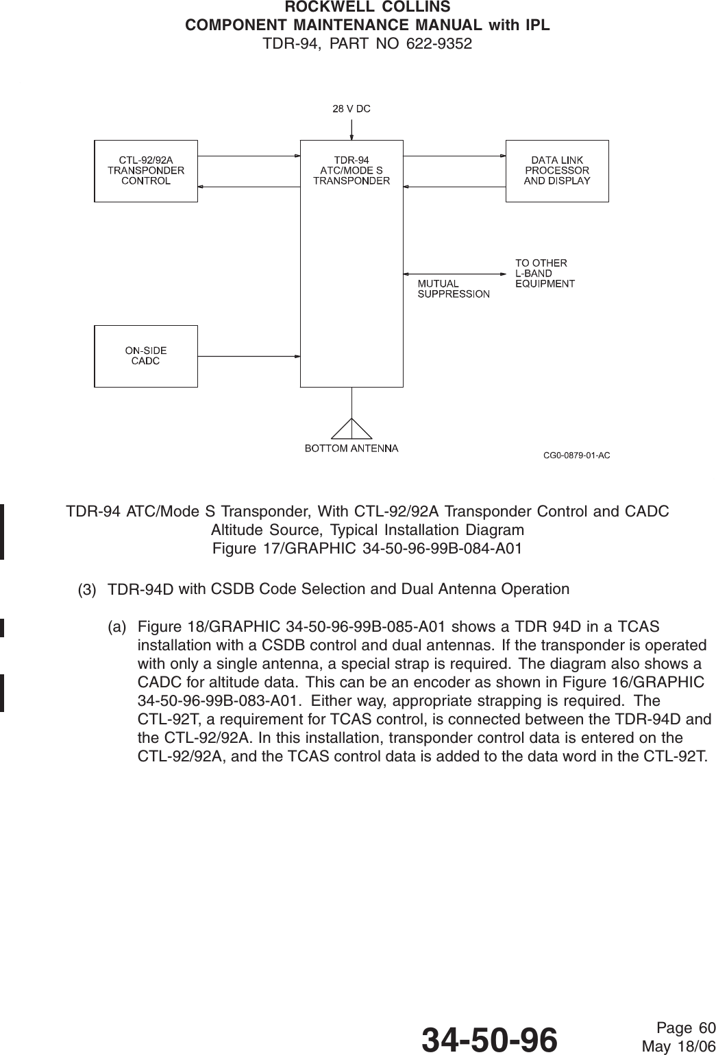 ROCKWELL COLLINSCOMPONENT MAINTENANCE MANUAL with IPLTDR-94, PART NO 622-9352TDR-94 ATC/Mode S Transponder, With CTL-92/92A Transponder Control and CADCAltitude Source, Typical Installation DiagramFigure 17/GRAPHIC 34-50-96-99B-084-A01(3) TDR-94D with CSDB Code Selection and Dual Antenna Operation(a) Figure 18/GRAPHIC 34-50-96-99B-085-A01 shows a TDR 94D in a TCASinstallation with a CSDB control and dual antennas. If the transponder is operatedwith only a single antenna, a special strap is required. The diagram also shows aCADC for altitude data. This can be an encoder as shown in Figure 16/GRAPHIC34-50-96-99B-083-A01. Either way, appropriate strapping is required. TheCTL-92T, a requirement for TCAS control, is connected between the TDR-94D andthe CTL-92/92A. In this installation, transponder control data is entered on theCTL-92/92A, and the TCAS control data is added to the data word in the CTL-92T.34-50-96 Page 60May 18/06