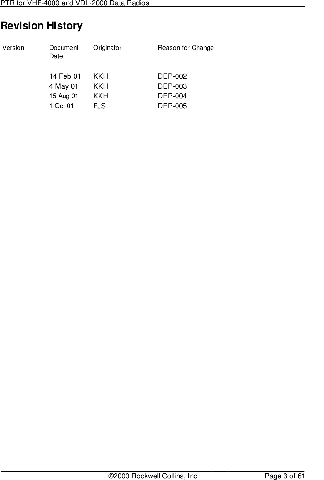 PTR for VHF-4000 and VDL-2000 Data Radios                                                                                ____________________________________________________________________________©2000 Rockwell Collins, Inc Page 3 of 61Revision HistoryVersion DocumentDateOriginator Reason for Change14 Feb 014 May 0115 Aug 011 Oct 01KKHKKHKKHFJSDEP-002DEP-003DEP-004DEP-005