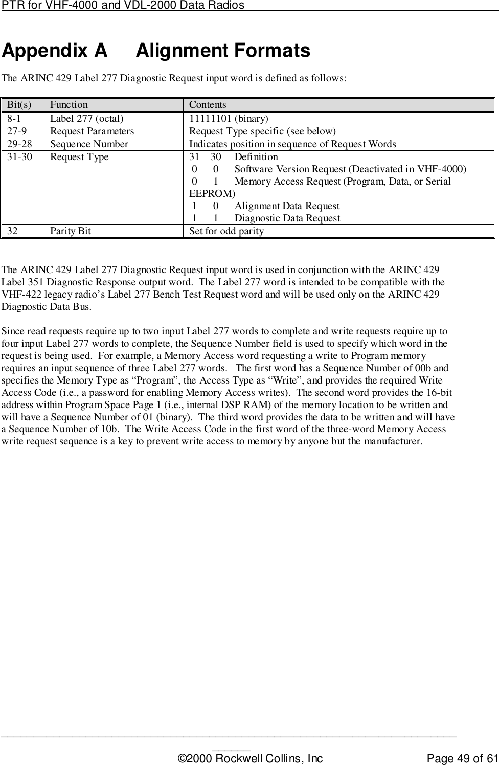 PTR for VHF-4000 and VDL-2000 Data Radios                                                                                ____________________________________________________________________________©2000 Rockwell Collins, Inc Page 49 of 61Appendix A Alignment FormatsThe ARINC 429 Label 277 Diagnostic Request input word is defined as follows:Bit(s) Function Contents8-1 Label 277 (octal) 11111101 (binary)27-9 Request Parameters Request Type specific (see below)29-28 Sequence Number Indicates position in sequence of Request Words31-30 Request Type 31    30     Definition 0      0      Software Version Request (Deactivated in VHF-4000) 0      1      Memory Access Request (Program, Data, or SerialEEPROM) 1      0      Alignment Data Request 1      1      Diagnostic Data Request32 Parity Bit Set for odd parityThe ARINC 429 Label 277 Diagnostic Request input word is used in conjunction with the ARINC 429Label 351 Diagnostic Response output word.  The Label 277 word is intended to be compatible with theVHF-422 legacy radio’s Label 277 Bench Test Request word and will be used only on the ARINC 429Diagnostic Data Bus.Since read requests require up to two input Label 277 words to complete and write requests require up tofour input Label 277 words to complete, the Sequence Number field is used to specify which word in therequest is being used.  For example, a Memory Access word requesting a write to Program memoryrequires an input sequence of three Label 277 words.   The first word has a Sequence Number of 00b andspecifies the Memory Type as “Program”, the Access Type as “Write”, and provides the required WriteAccess Code (i.e., a password for enabling Memory Access writes).  The second word provides the 16-bitaddress within Program Space Page 1 (i.e., internal DSP RAM) of the memory location to be written andwill have a Sequence Number of 01 (binary).  The third word provides the data to be written and will havea Sequence Number of 10b.  The Write Access Code in the first word of the three-word Memory Accesswrite request sequence is a key to prevent write access to memory by anyone but the manufacturer.