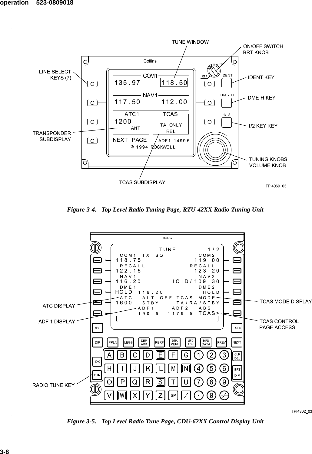 operation 523-0809018Figure 3-4. Top Level Radio Tuning Page, RTU-42XX Radio Tuning UnitFigure 3-5. Top Level Radio Tune Page, CDU-62XX Control Display Unit3-8