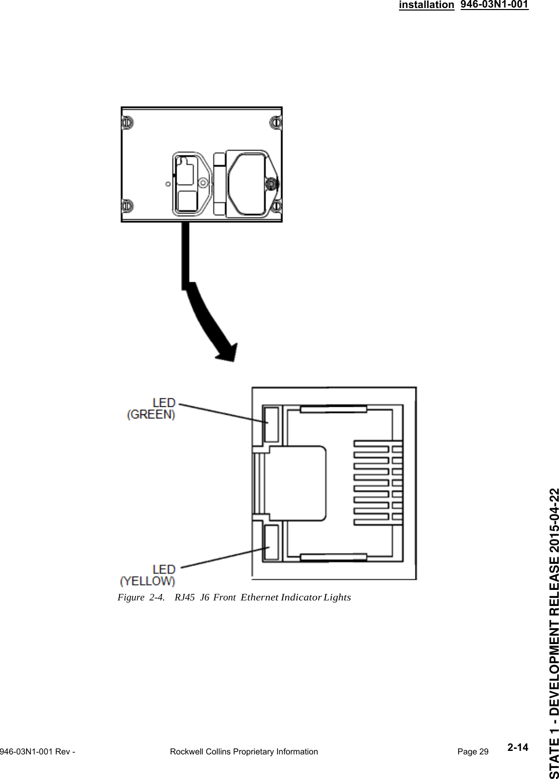 installation 946-03N1-0012-14        Figure  2-4.    RJ45  J6 Front Ethernet Indicator Lights 946-03N1-001 Rev - Rockwell Collins Proprietary InformationPage 29STATE 1 - DEVELOPMENT RELEASE 2015-04-22