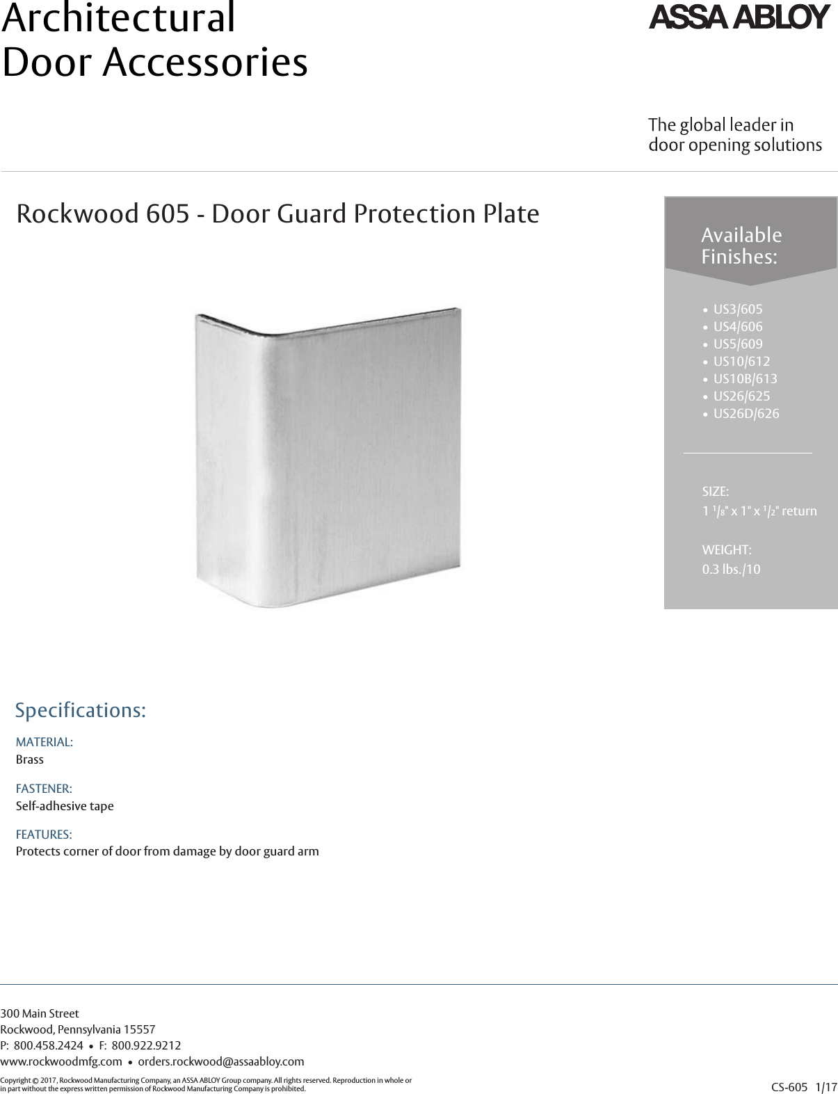 Rockwood 605 Door Guards Cut Sheet 605cut