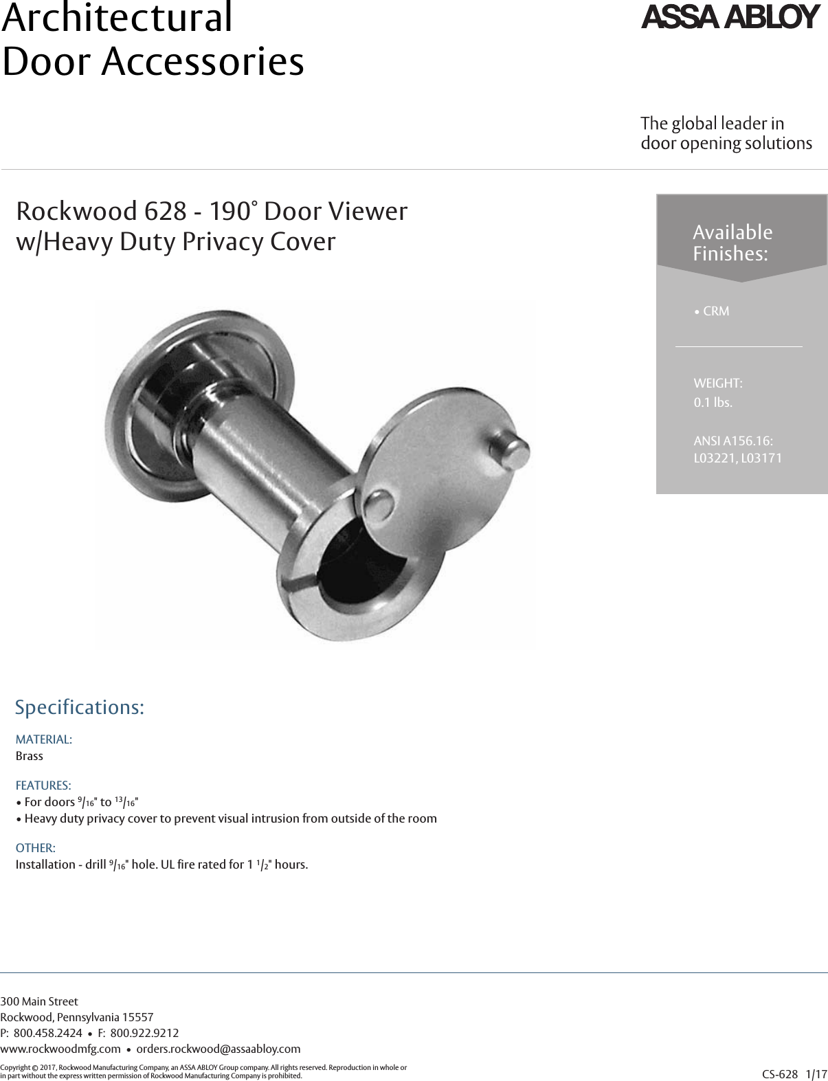Rockwood 628 Door Viewer Cut Sheet 628Cut