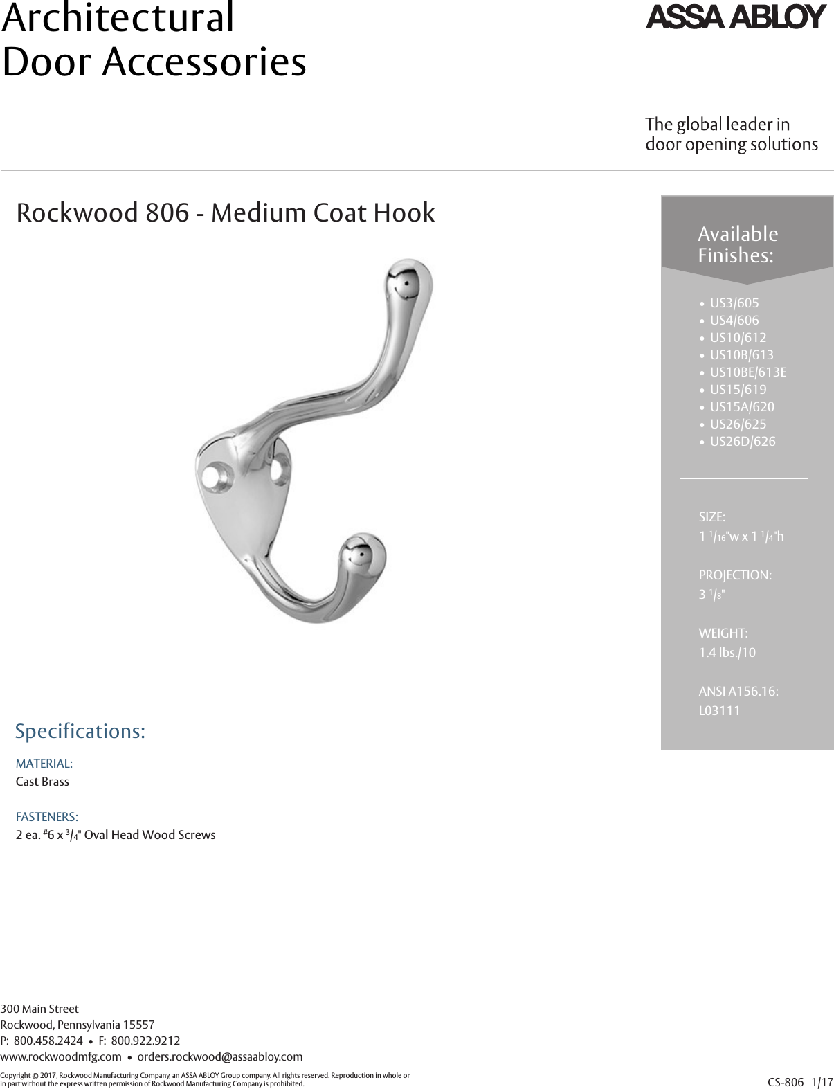 Page 1 of 1 - Rockwood  806-Coat Hooks- Cut Sheet 806Cut