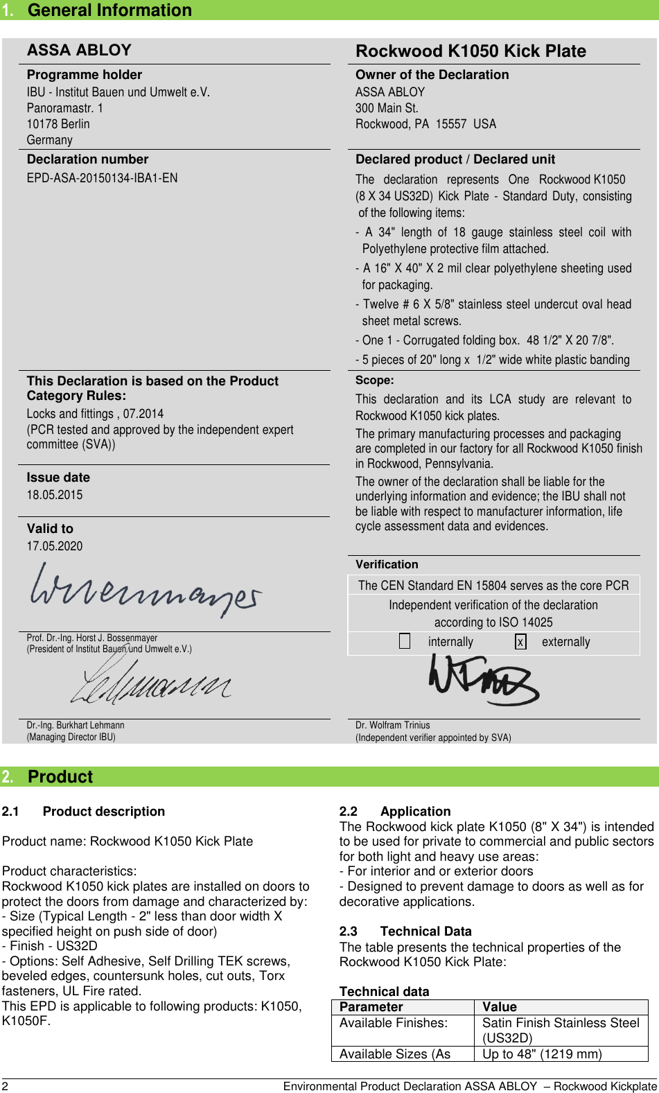 Page 2 of 9 - Rockwood  K1050 Kick Plate - Environmental Product Declaration (EPD) EPD