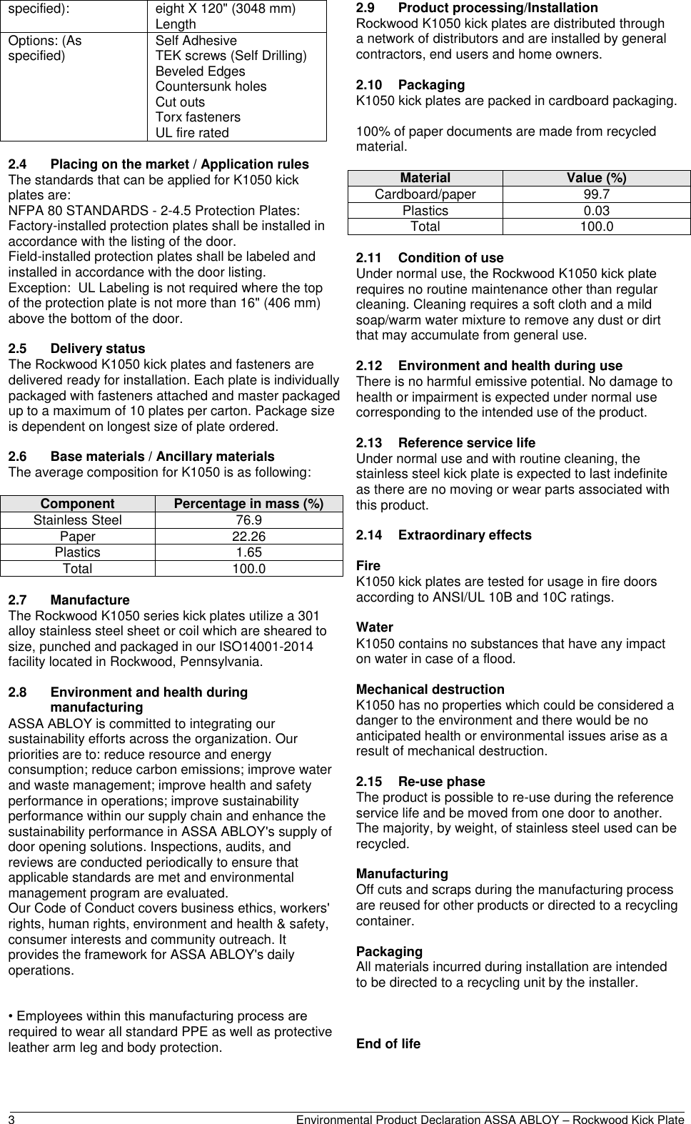 Page 3 of 9 - Rockwood  K1050 Kick Plate - Environmental Product Declaration (EPD) EPD