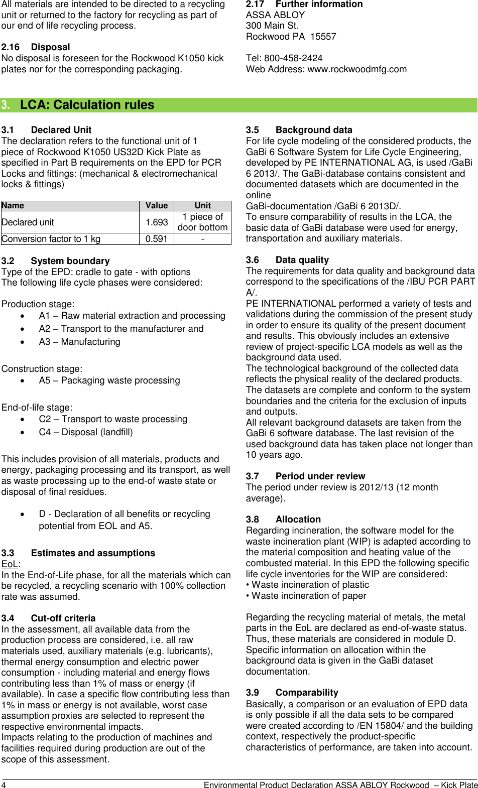 Page 4 of 9 - Rockwood  K1050 Kick Plate - Environmental Product Declaration (EPD) EPD