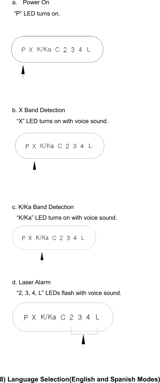 a. Power On “P” LED turns on.     b. X Band Detection “X” LED turns on with voice sound.    c. K/Ka Band Detection “K/Ka” LED turns on with voice sound.   d. Laser Alarm “2, 3, 4, L” LEDs flash with voice sound.      8) Language Selection(English and Spanish Modes) 