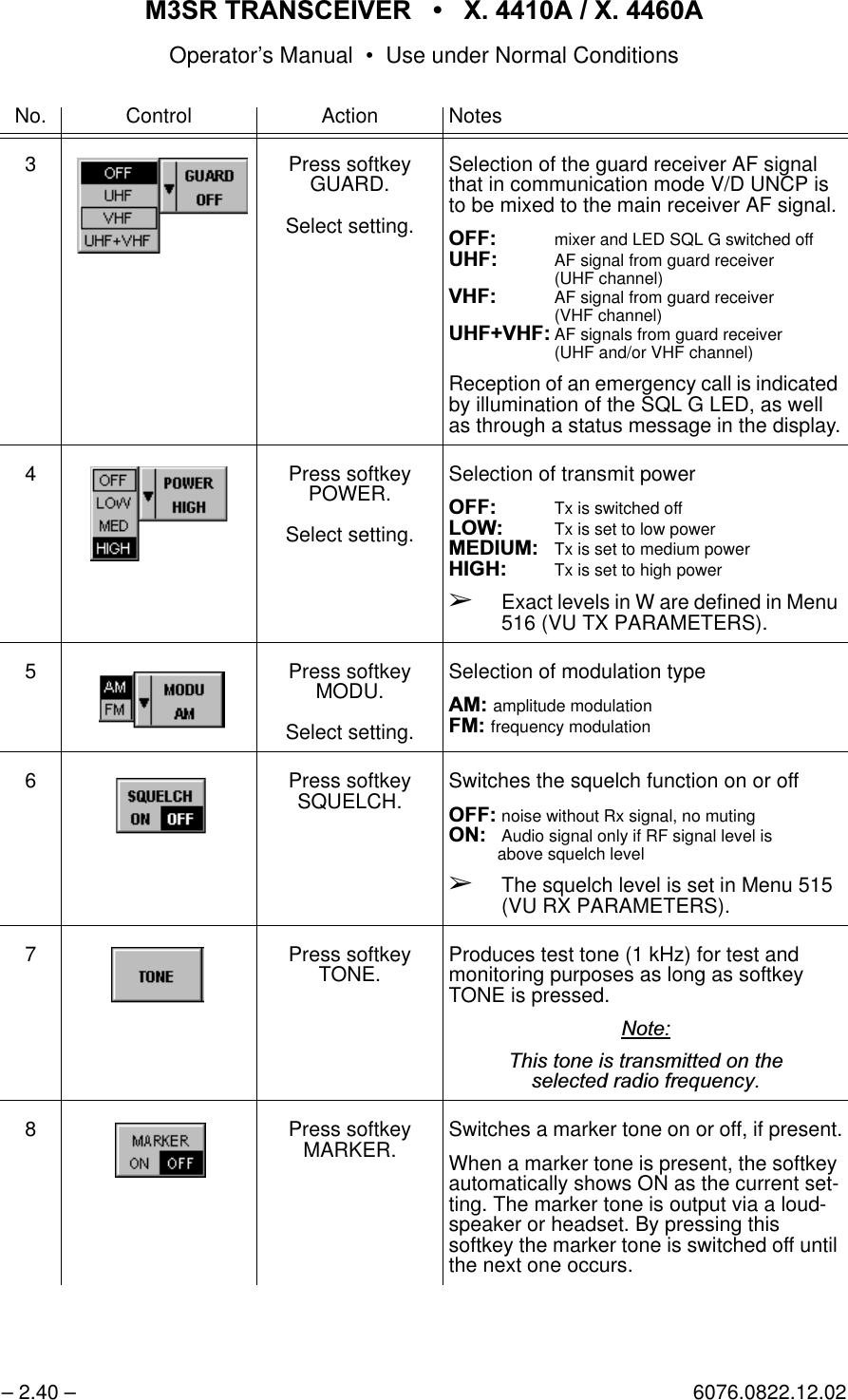 065 75$16&amp;(,9(5  ; $  ; $Operator&rsquo;s Manual &bull; Use under Normal Conditions&ndash; 2.40 &ndash; 6076.0822.12.023 Press softkey GUARD.Select setting.Selection of the guard receiver AF signal that in communication mode V/D UNCP is to be mixed to the main receiver AF signal.2))mixer and LED SQL G switched off8+)AF signal from guard receiver(UHF channel)9+)AF signal from guard receiver(VHF channel)8+)9+)AF signals from guard receiver(UHF and/or VHF channel)Reception of an emergency call is indicated by illumination of the SQL G LED, as well as through a status message in the display.4 Press softkey POWER.Select setting.Selection of transmit power2))Tx is switched off/2: Tx is set to low power0(',80Tx is set to medium power+,*+ Tx is set to high power&Ccedil;Exact levels in W are defined in Menu 516 (VU TX PARAMETERS).5 Press softkey MODU.Select setting.Selection of modulation type$0amplitude modulation)0frequency modulation6 Press softkey SQUELCH. Switches the squelch function on or off2)) noise without Rx signal, no muting21Audio signal only if RF signal level isabove squelch level&Ccedil;The squelch level is set in Menu 515 (VU RX PARAMETERS).7 Press softkey TONE. Produces test tone (1 kHz) for test and monitoring purposes as long as softkey TONE is pressed.1RWH7KLVWRQHLVWUDQVPLWWHGRQWKHVHOHFWHGUDGLRIUHTXHQF\8 Press softkey MARKER. Switches a marker tone on or off, if present.When a marker tone is present, the softkey automatically shows ON as the current set-ting. The marker tone is output via a loud-speaker or headset. By pressing this softkey the marker tone is switched off until the next one occurs.No. Control Action Notes