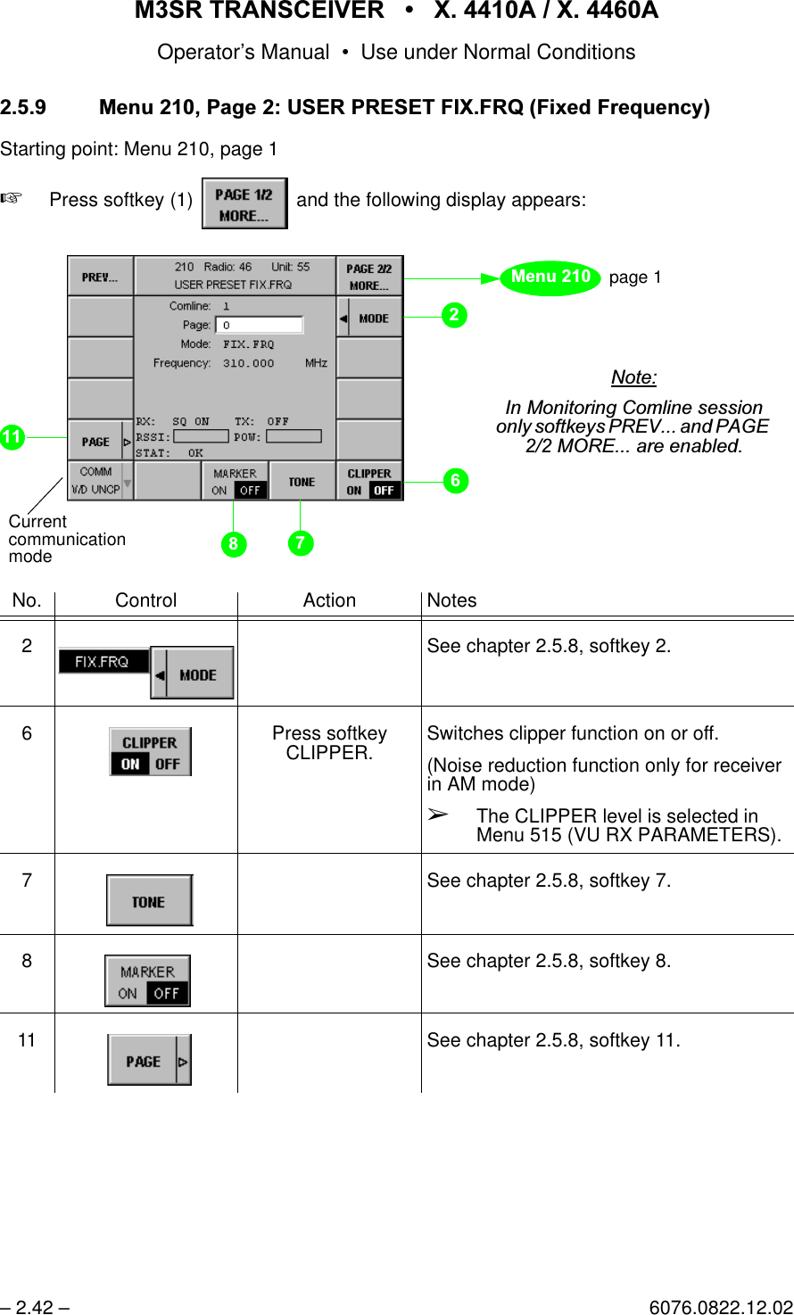 065 75$16&amp;(,9(5  ; $  ; $Operator&rsquo;s Manual &bull; Use under Normal Conditions&ndash; 2.42 &ndash; 6076.0822.12.020HQX3DJH86(535(6(7),;)54)L[HG)UHTXHQF\Starting point: Menu 210, page 1+Press softkey (1)   and the following display appears:No. Control Action Notes2 See chapter 2.5.8, softkey 2.6 Press softkeyCLIPPER. Switches clipper function on or off.(Noise reduction function only for receiver in AM mode)&Ccedil;The CLIPPER level is selected in Menu 515 (VU RX PARAMETERS).7 See chapter 2.5.8, softkey 7.8 See chapter 2.5.8, softkey 8.11 See chapter 2.5.8, softkey 11.page 11RWH,Q0RQLWRULQJ&amp;RPOLQHVHVVLRQRQO\VRIWNH\V35(9DQG3$*(025(DUHHQDEOHG0HQXCurrentcommunication mode