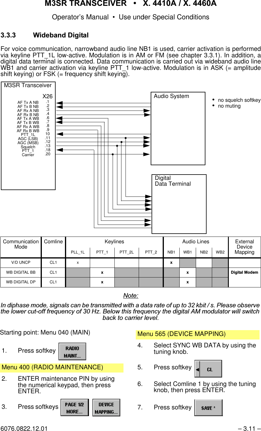 065 75$16&amp;(,9(5  ; $  ; $Operator&rsquo;s Manual &bull; Use under Special Conditions6076.0822.12.01 &ndash; 3.11 &ndash; :LGHEDQG'LJLWDOFor voice communication, narrowband audio line NB1 is used, carrier activation is performedvia keyline PTT_1L low-active. Modulation is in AM or FM (see chapter 3.3.1). In addition, adigital data terminal is connected. Data communication is carried out via wideband audio lineWB1 and carrier activation via keyline PTT_1 low-active. Modulation is in ASK (= amplitudeshift keying) or FSK (= frequency shift keying). 1RWH,QGLSKDVHPRGHVLJQDOVFDQEHWUDQVPLWWHGZLWKDGDWDUDWHRIXSWRNELWV3OHDVHREVHUYHWKHORZHUFXWRIIIUHTXHQF\RI+]%HORZWKLVIUHTXHQF\WKHGLJLWDO$0PRGXODWRUZLOOVZLWFKEDFNWRFDUULHUOHYHOCommunication Mode Comline Keylines Audio Lines External DeviceMappingPLL_1L PTT_1 PTT_2L PTT_2 NB1 WB1 NB2 WB2V/D UNCP CL1 x [WB DIGITAL BB CL1 [ [ 'LJLWDO0RGHPWB DIGITAL DP CL1 [ [DigitalData TerminalX26.1.2.3.4.6.7.8.910.11.12.13.18.20M3SR TransceiverAF Tx A NB AF Tx B NB AF Rx A NB AF Rx B NBAF Tx A WB AF Tx B WB AF Rx A WB AF Rx B WBPTT_1LAGC (LSB)AGC (MSB)SquelchPTT_1CarrierAudio System no squelch softkeyno mutingStarting point: Menu 040 (MAIN)1. Press softkey Menu 400 (RADIO MAINTENANCE)2. ENTER maintenance PIN by using the numerical keypad, then pressENTER.3. Press softkeys   Menu 565 (DEVICE MAPPING)4. Select SYNC WB DATA by using the tuning knob.5. Press softkey 6. Select Comline 1 by using the tuning knob, then press ENTER.7. Press softkey 