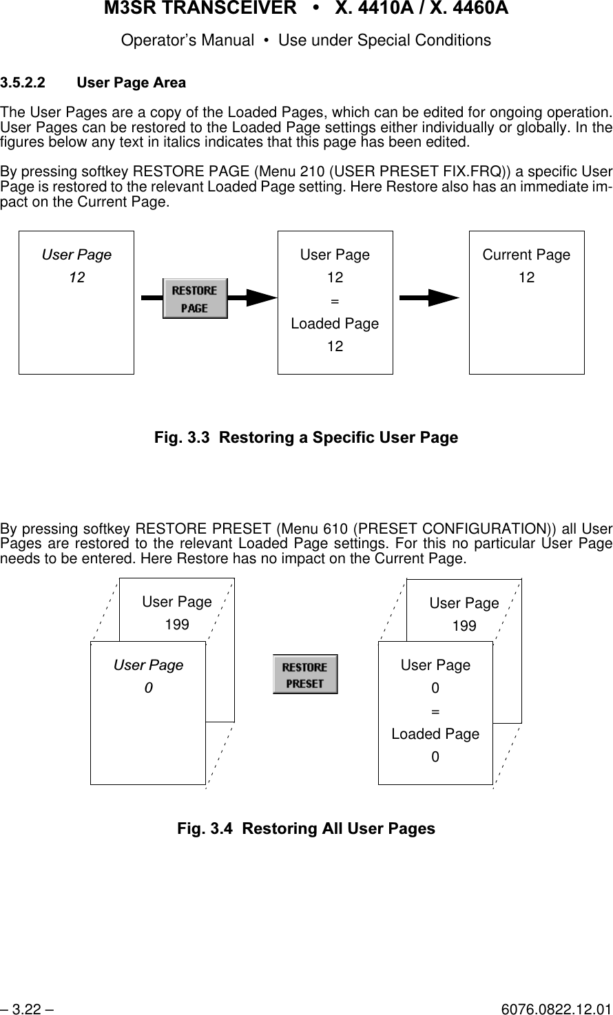 065 75$16&amp;(,9(5  ; $  ; $Operator&rsquo;s Manual &bull; Use under Special Conditions&ndash; 3.22 &ndash; 6076.0822.12.018VHU3DJH$UHDThe User Pages are a copy of the Loaded Pages, which can be edited for ongoing operation.User Pages can be restored to the Loaded Page settings either individually or globally. In thefigures below any text in italics indicates that this page has been edited.By pressing softkey RESTORE PAGE (Menu 210 (USER PRESET FIX.FRQ)) a specific UserPage is restored to the relevant Loaded Page setting. Here Restore also has an immediate im-pact on the Current Page.)LJ  5HVWRULQJD6SHFLILF8VHU3DJHBy pressing softkey RESTORE PRESET (Menu 610 (PRESET CONFIGURATION)) all UserPages are restored to the relevant Loaded Page settings. For this no particular User Pageneeds to be entered. Here Restore has no impact on the Current Page. )LJ  5HVWRULQJ$OO8VHU3DJHV8VHU3DJHUser Page12=Loaded Page12Current Page12User Page199User Page0=Loaded Page0User Page1998VHU3DJH