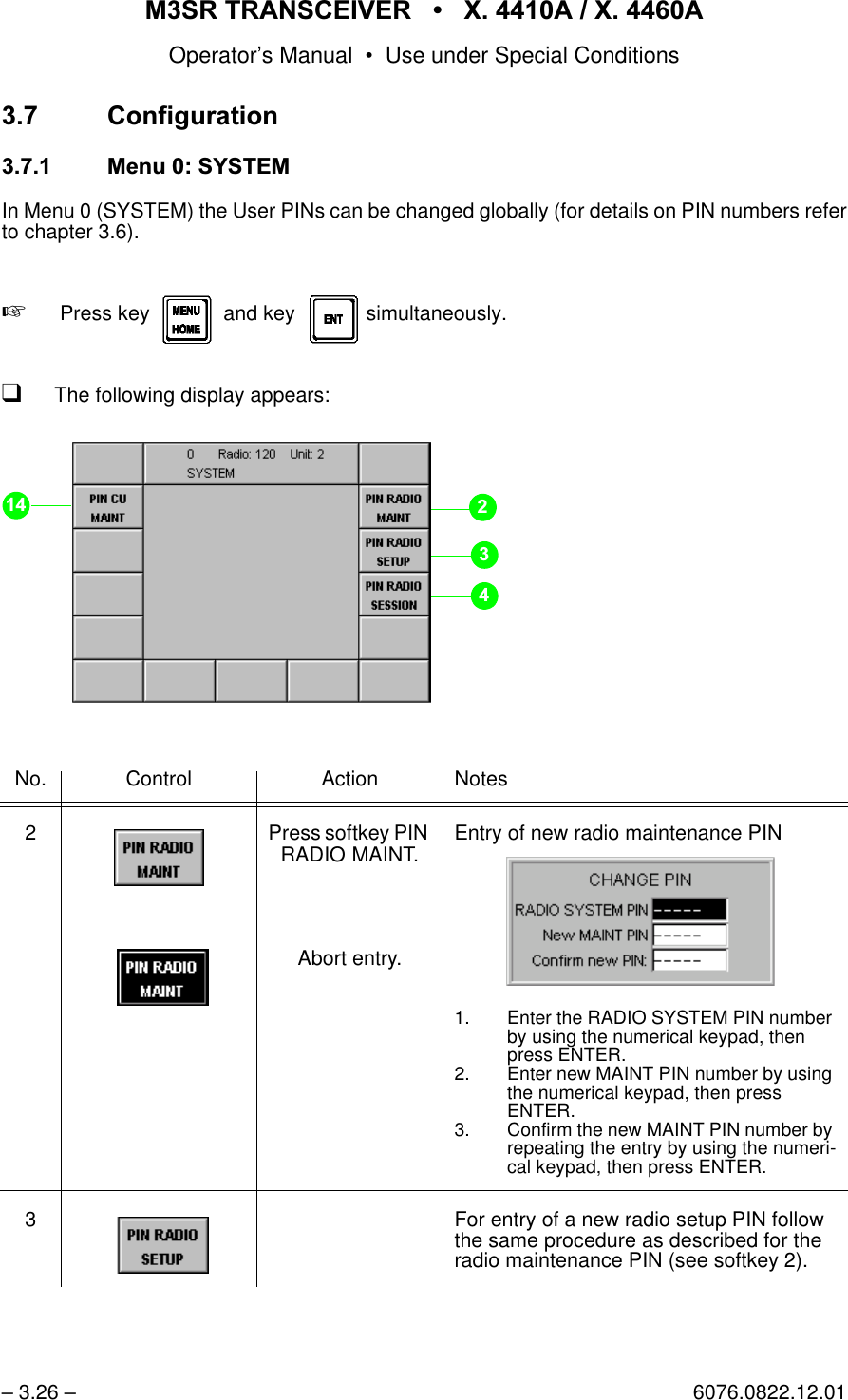 065 75$16&amp;(,9(5  ; $  ; $Operator&rsquo;s Manual &bull; Use under Special Conditions&ndash; 3.26 &ndash; 6076.0822.12.01 &amp;RQILJXUDWLRQ 0HQX6<67(0In Menu 0 (SYSTEM) the User PINs can be changed globally (for details on PIN numbers referto chapter 3.6).+ Press key     and key    simultaneously.qThe following display appears:No. Control Action Notes2 Press softkey PIN RADIO MAINT.Abort entry.Entry of new radio maintenance PIN1. Enter the RADIO SYSTEM PIN number by using the numerical keypad, then press ENTER.2. Enter new MAINT PIN number by using the numerical keypad, then pressENTER.3. Confirm the new MAINT PIN number by repeating the entry by using the numeri-cal keypad, then press ENTER.3 For entry of a new radio setup PIN follow the same procedure as described for the radio maintenance PIN (see softkey 2).keys MENU HOME and ENTsoftkey PIN RADIO SETUP