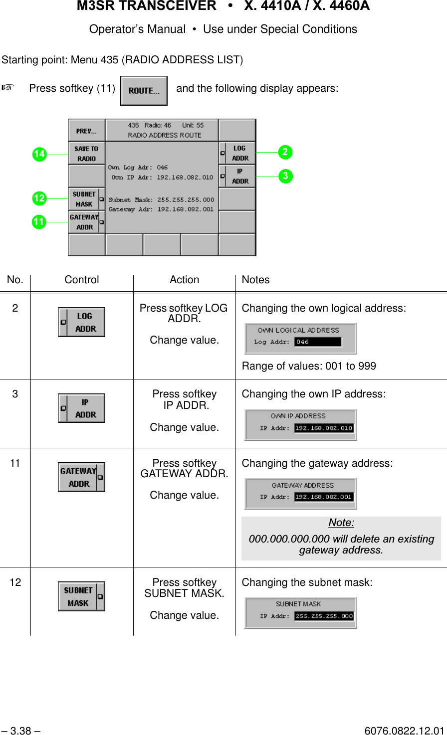 065 75$16&amp;(,9(5  ; $  ; $Operator&rsquo;s Manual &bull; Use under Special Conditions&ndash; 3.38 &ndash; 6076.0822.12.01Starting point: Menu 435 (RADIO ADDRESS LIST)+Press softkey (11)    and the following display appears:No. Control Action Notes2 Press softkey LOG ADDR.Change value.Changing the own logical address:Range of values: 001 to 9993 Press softkey IP ADDR.Change value.Changing the own IP address:11 Press softkey GATEWAY ADDR.Change value.Changing the gateway address:12 Press softkey SUBNET MASK.Change value.Changing the subnet mask:softkey ROUTE...1RWHZLOOGHOHWHDQH[LVWLQJJDWHZD\DGGUHVV