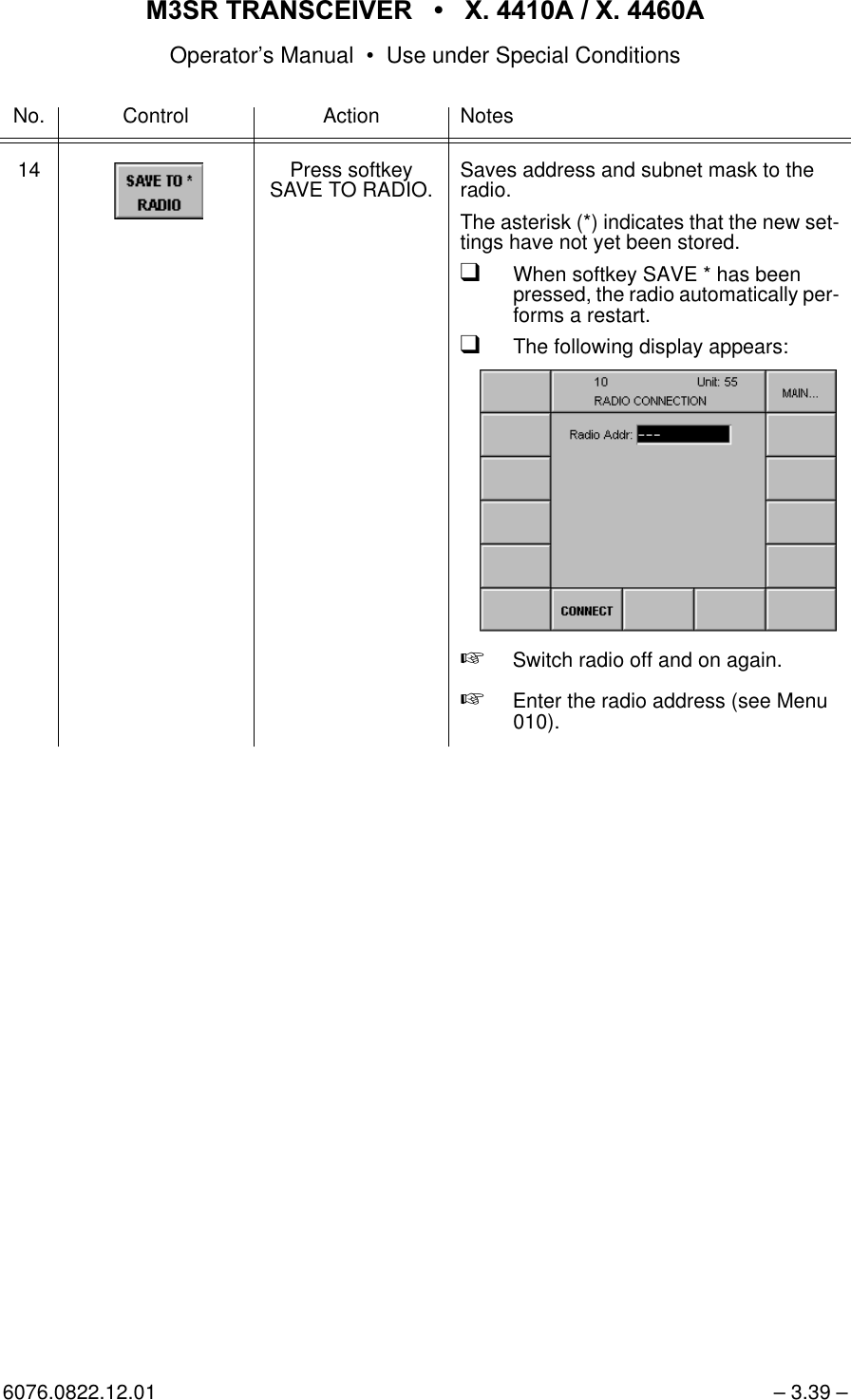 065 75$16&amp;(,9(5  ; $  ; $Operator&rsquo;s Manual &bull; Use under Special Conditions6076.0822.12.01 &ndash; 3.39 &ndash;14 Press softkey SAVE TO RADIO. Saves address and subnet mask to the radio.The asterisk (*) indicates that the new set-tings have not yet been stored.qWhen softkey SAVE * has been pressed, the radio automatically per-forms a restart. qThe following display appears: +Switch radio off and on again.+Enter the radio address (see Menu 010).No. Control Action Notes